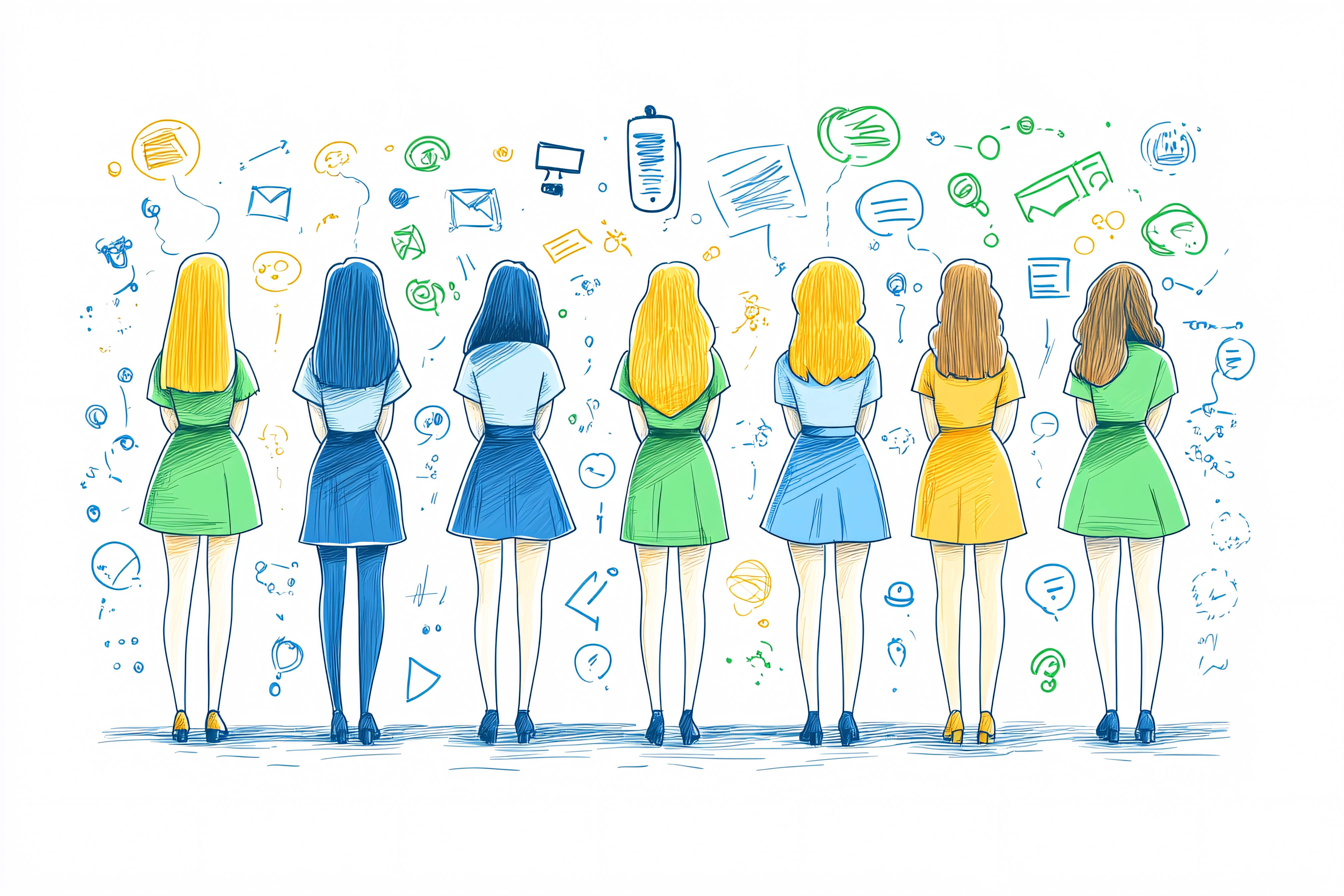 Back View Of Girls With Communication Symbols