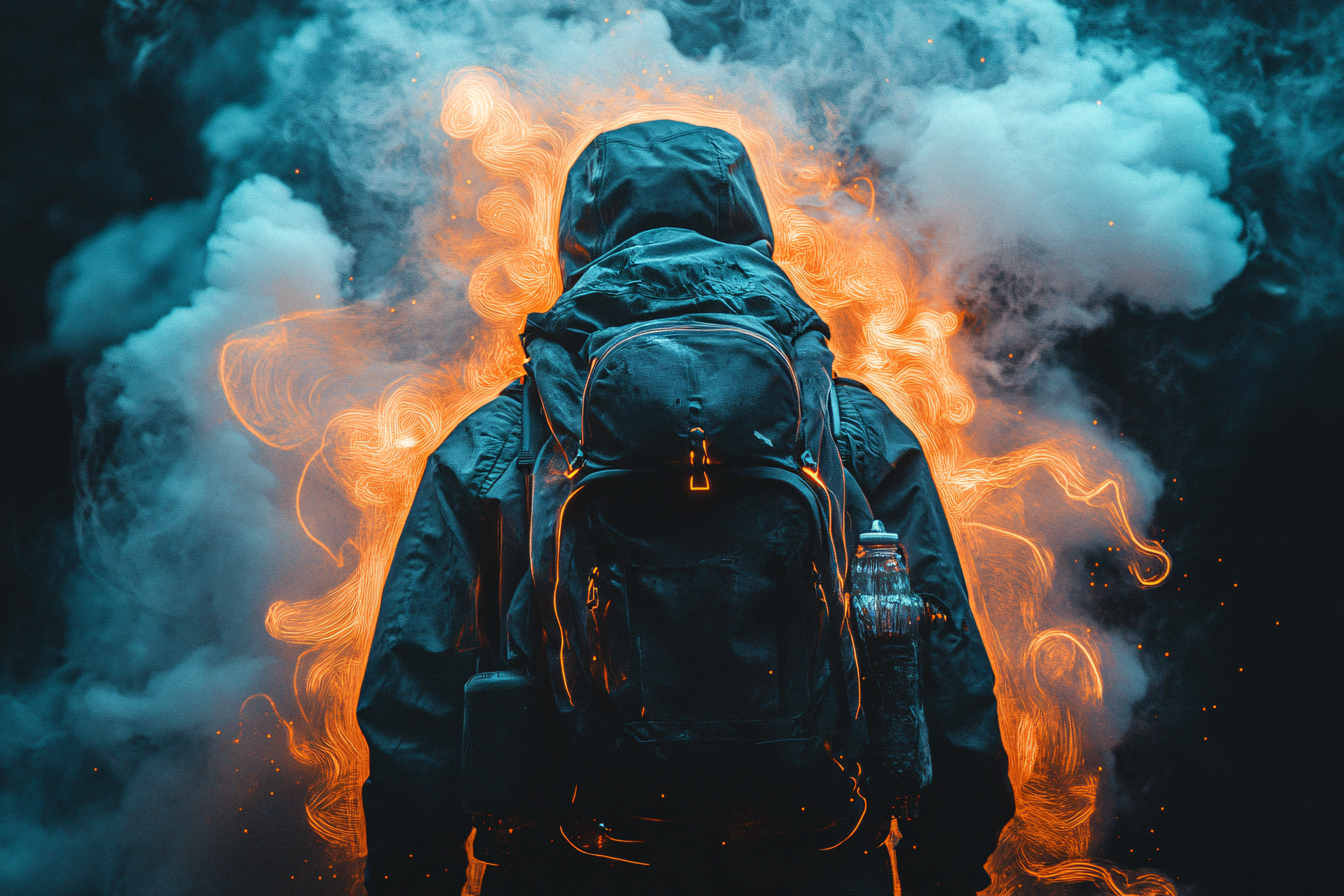 Backpacker Amidst Mystical Flames