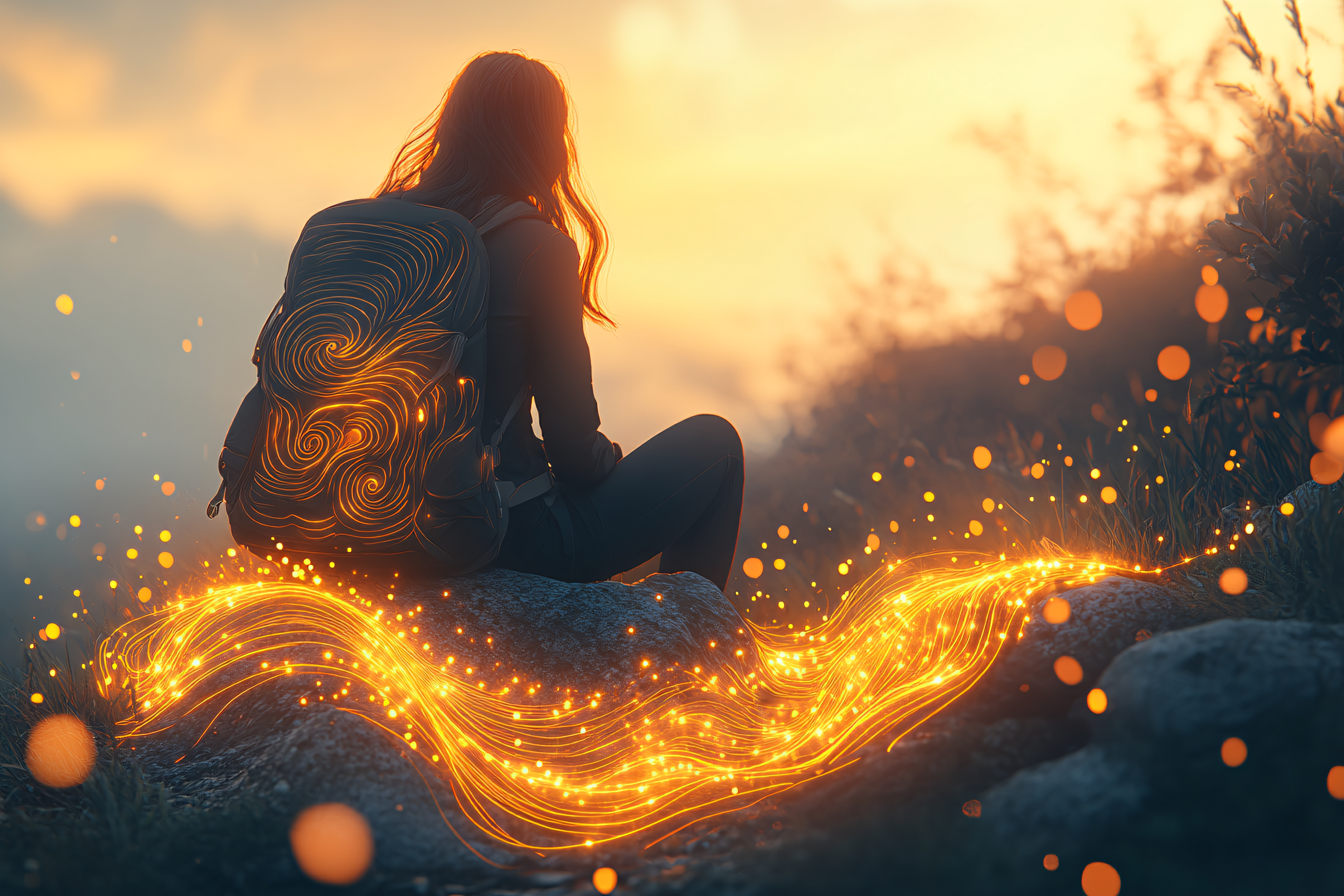 Backpacker Contemplating at Sunset