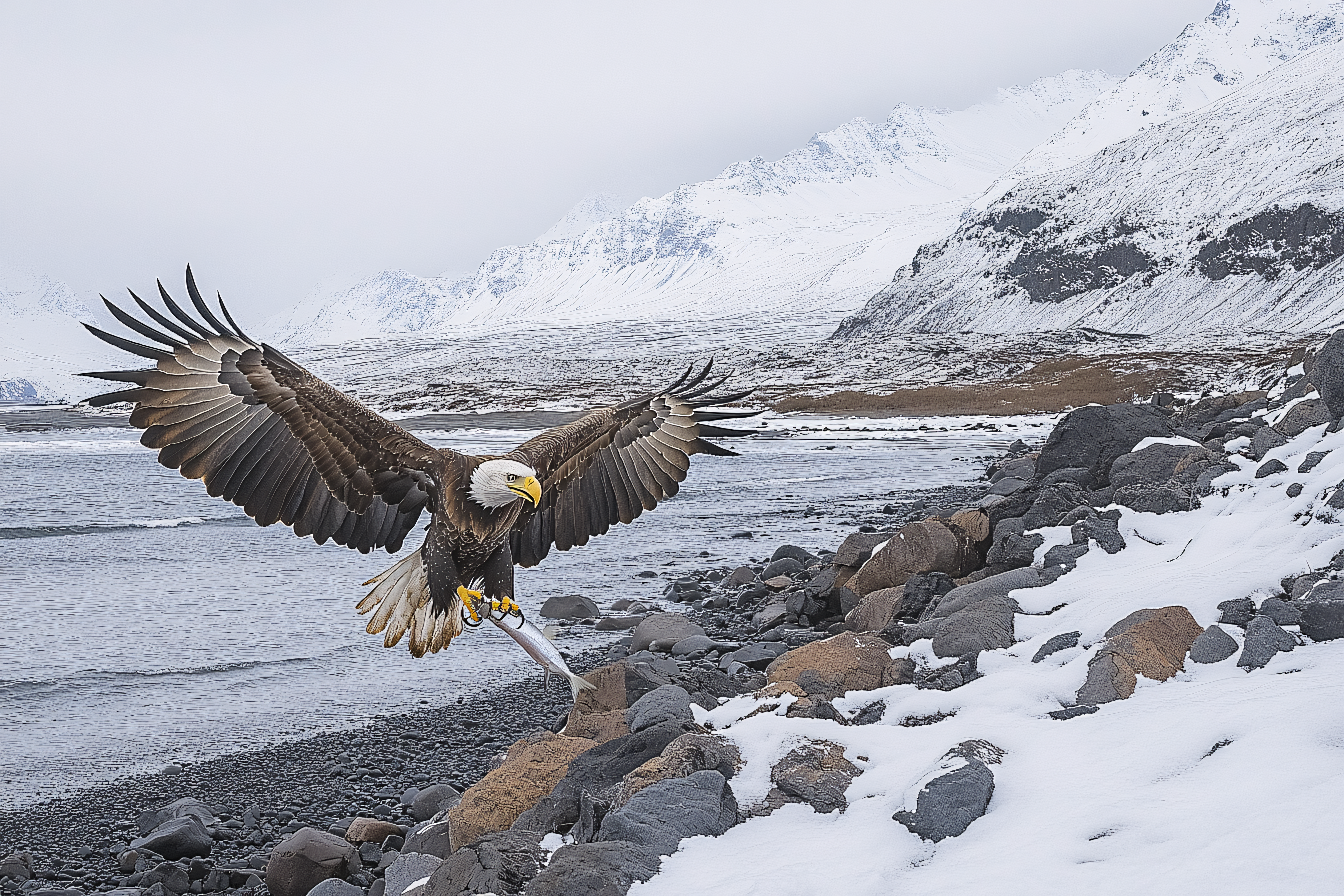 Bald Eagle Catching Fish In Snowy Landscape