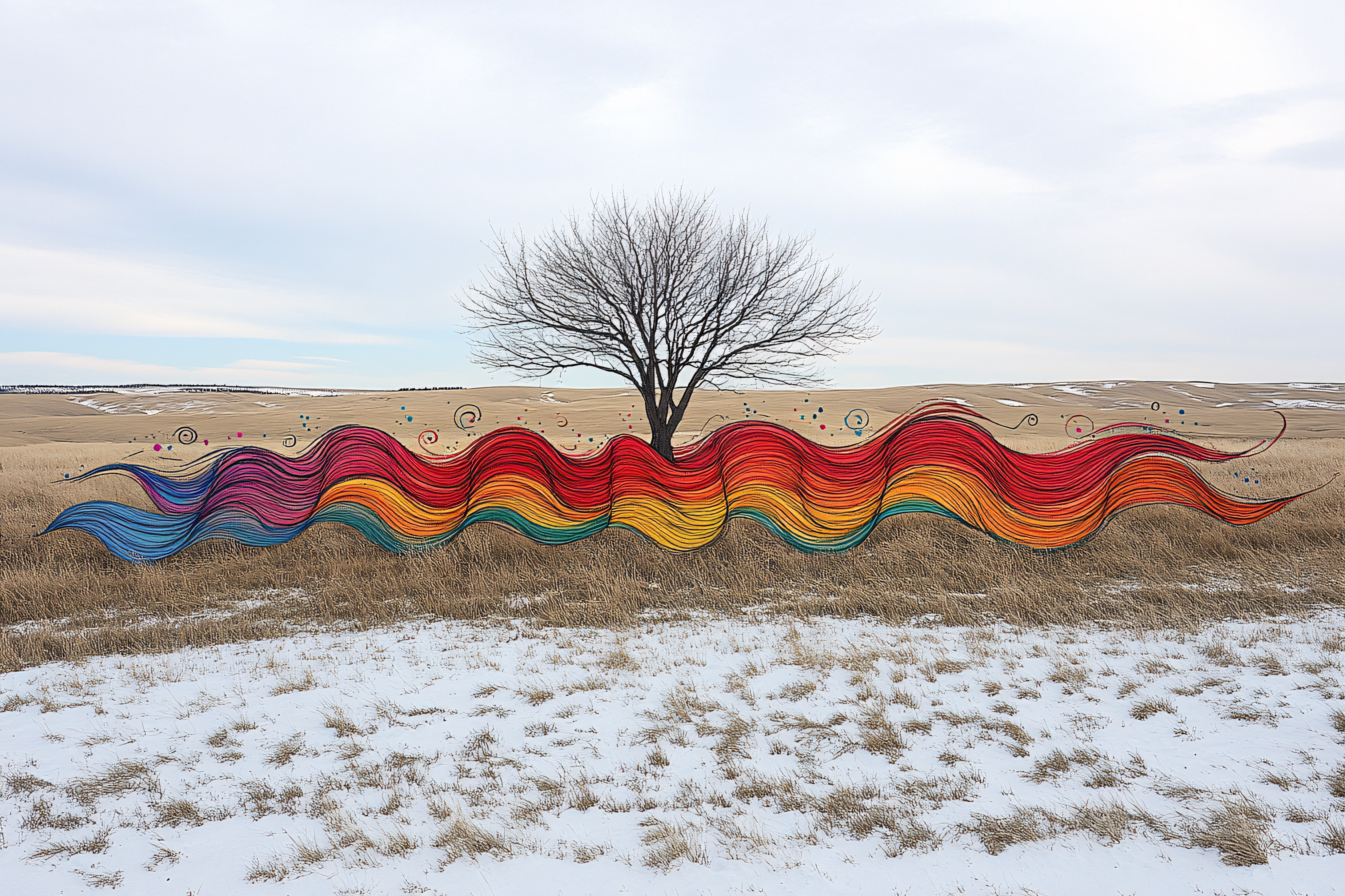 Bare Tree In Winter Field With Colorful Wave