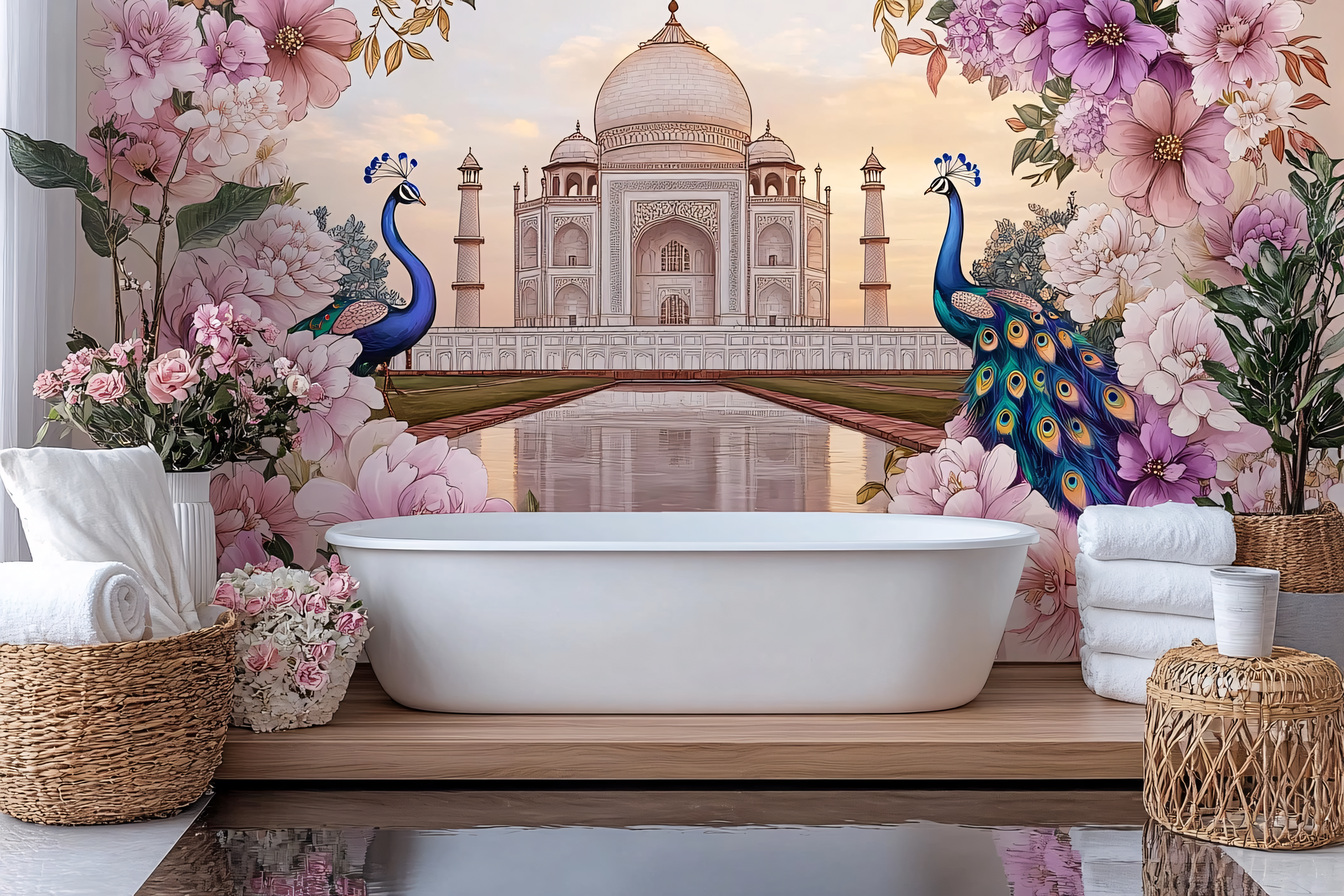 Bathroom with Taj Mahal Backdrop and Peacocks