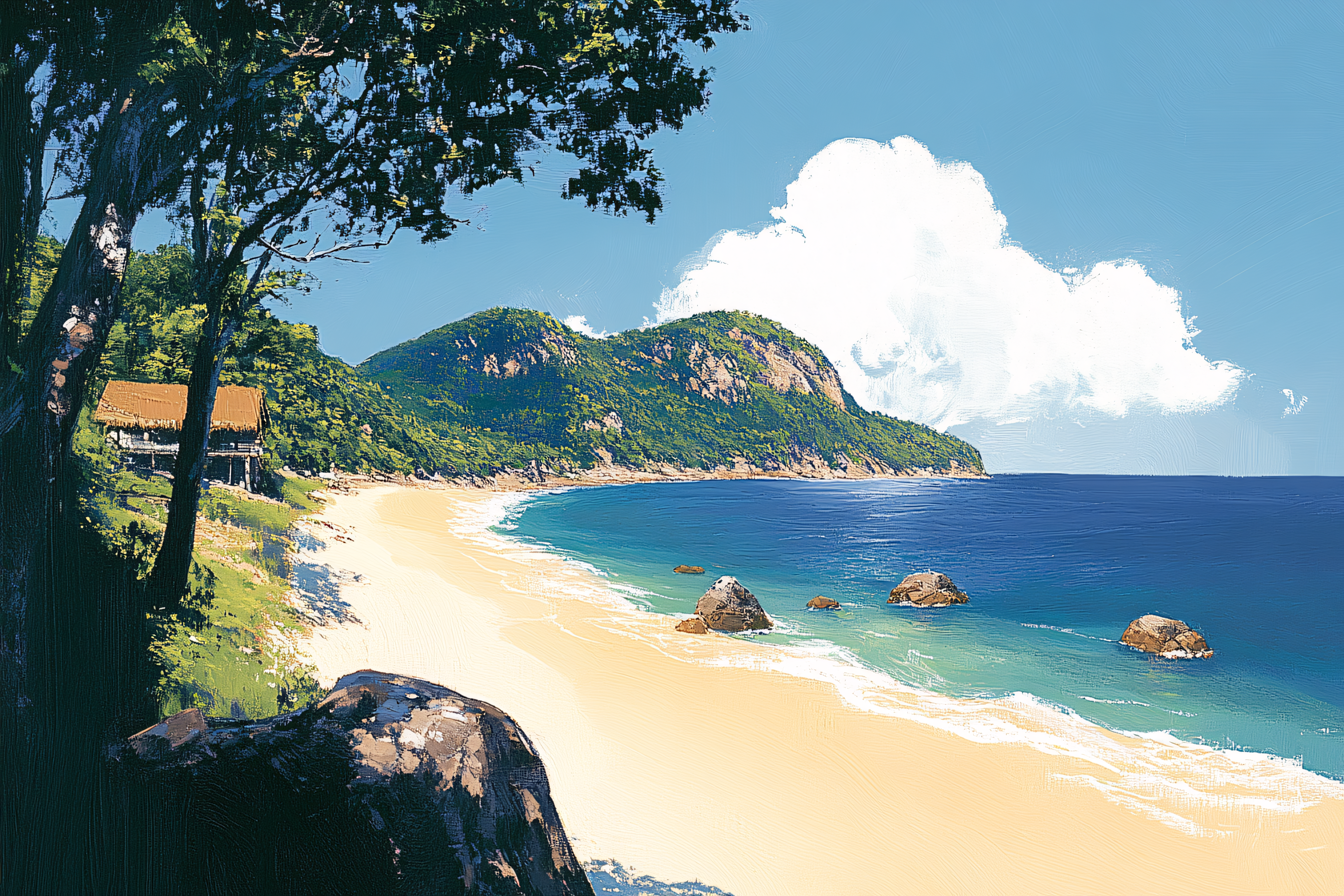 Beach Paradise Scene With Mountain View