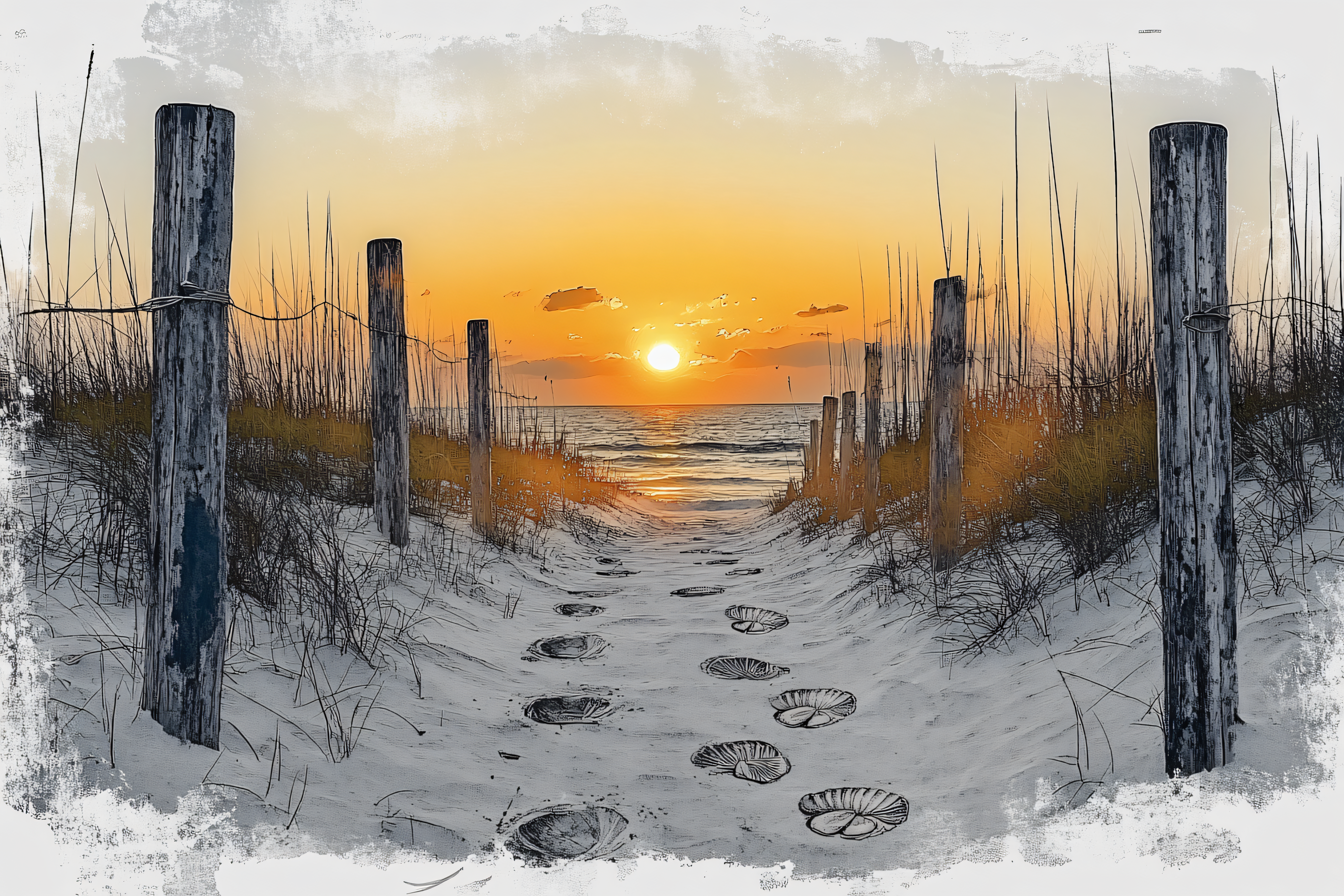 Beach Path Leading to Sunset with Seashell Footprints