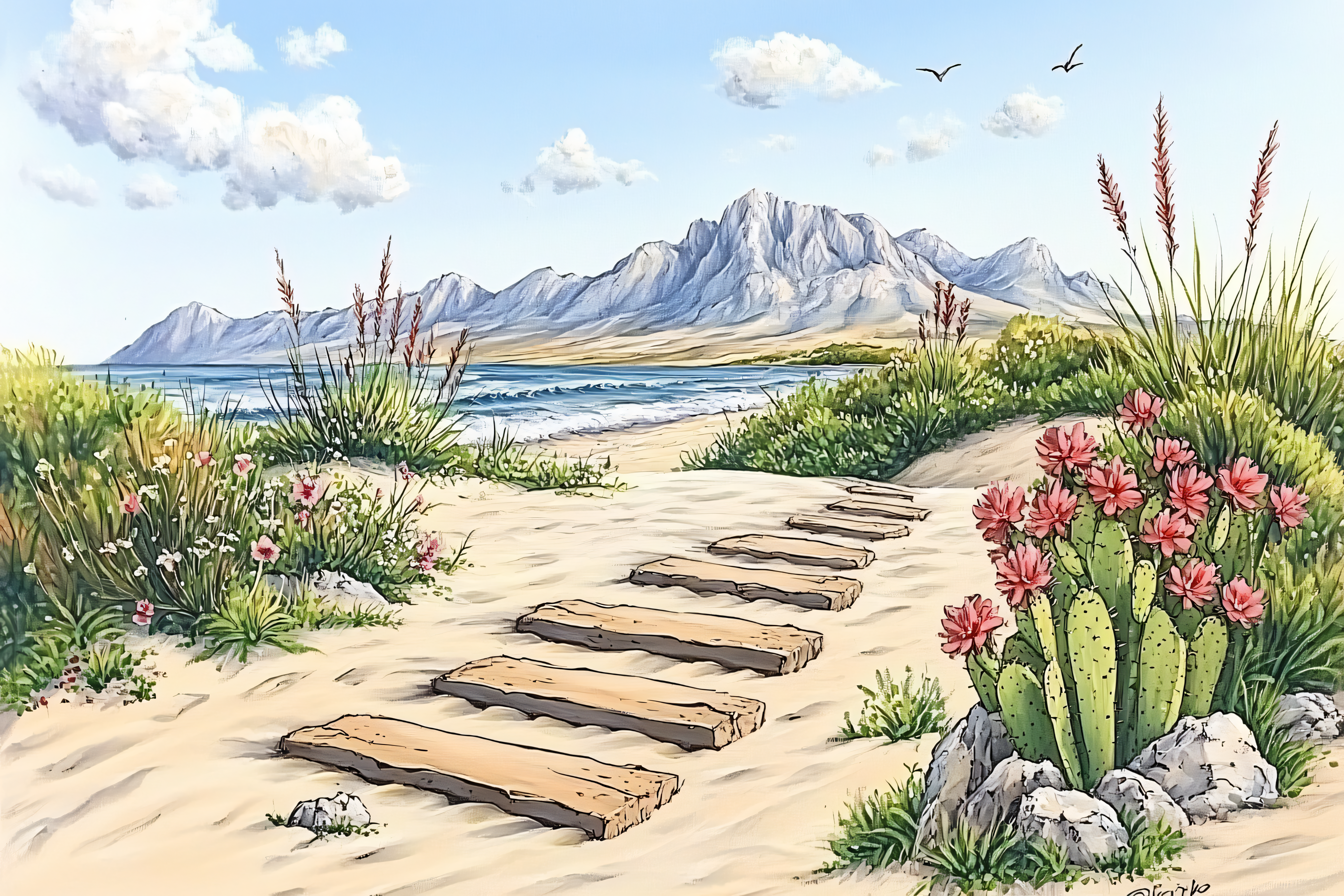 Beach Path with Cactus Flowers