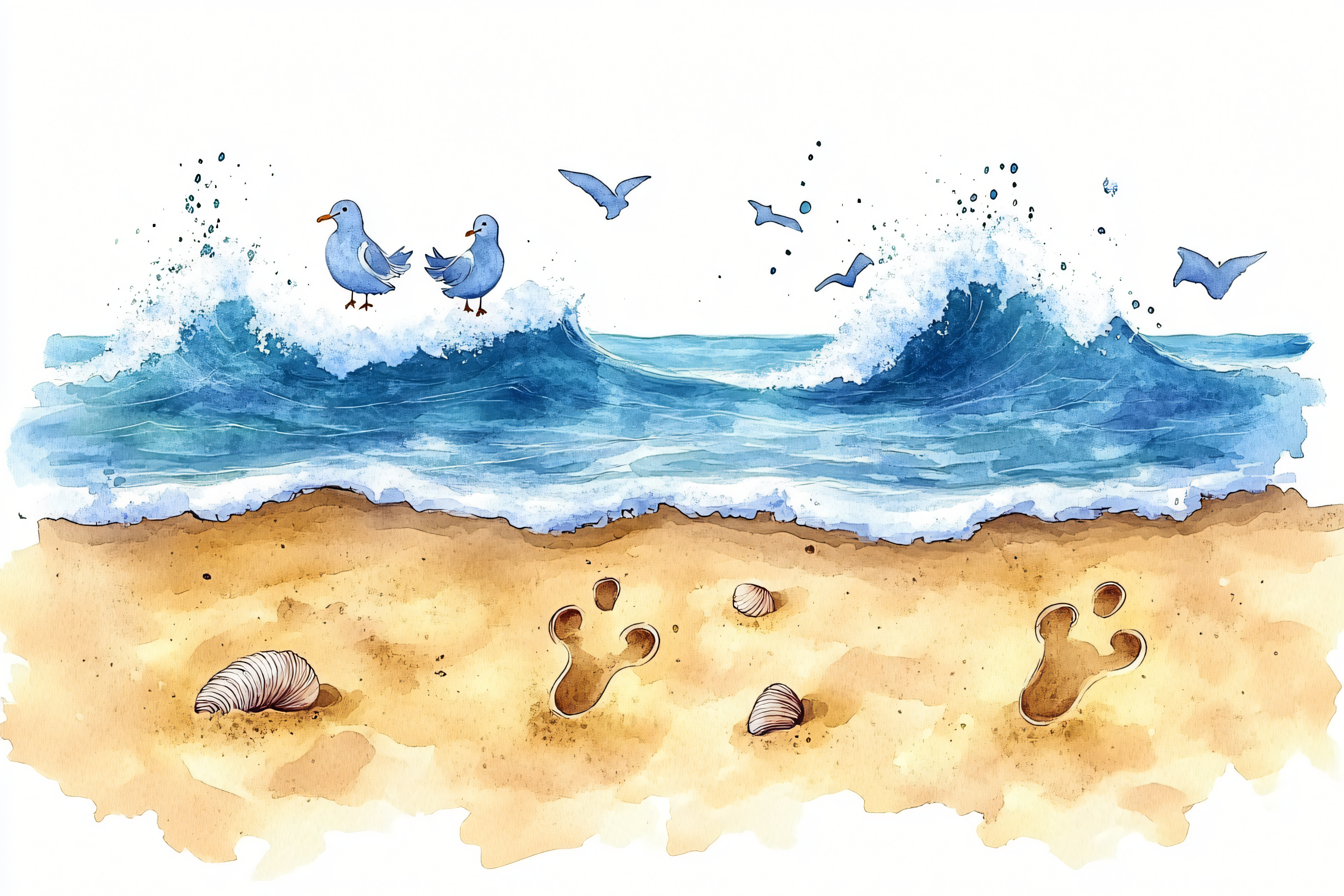 Beach Scene with Seagulls Watercolor