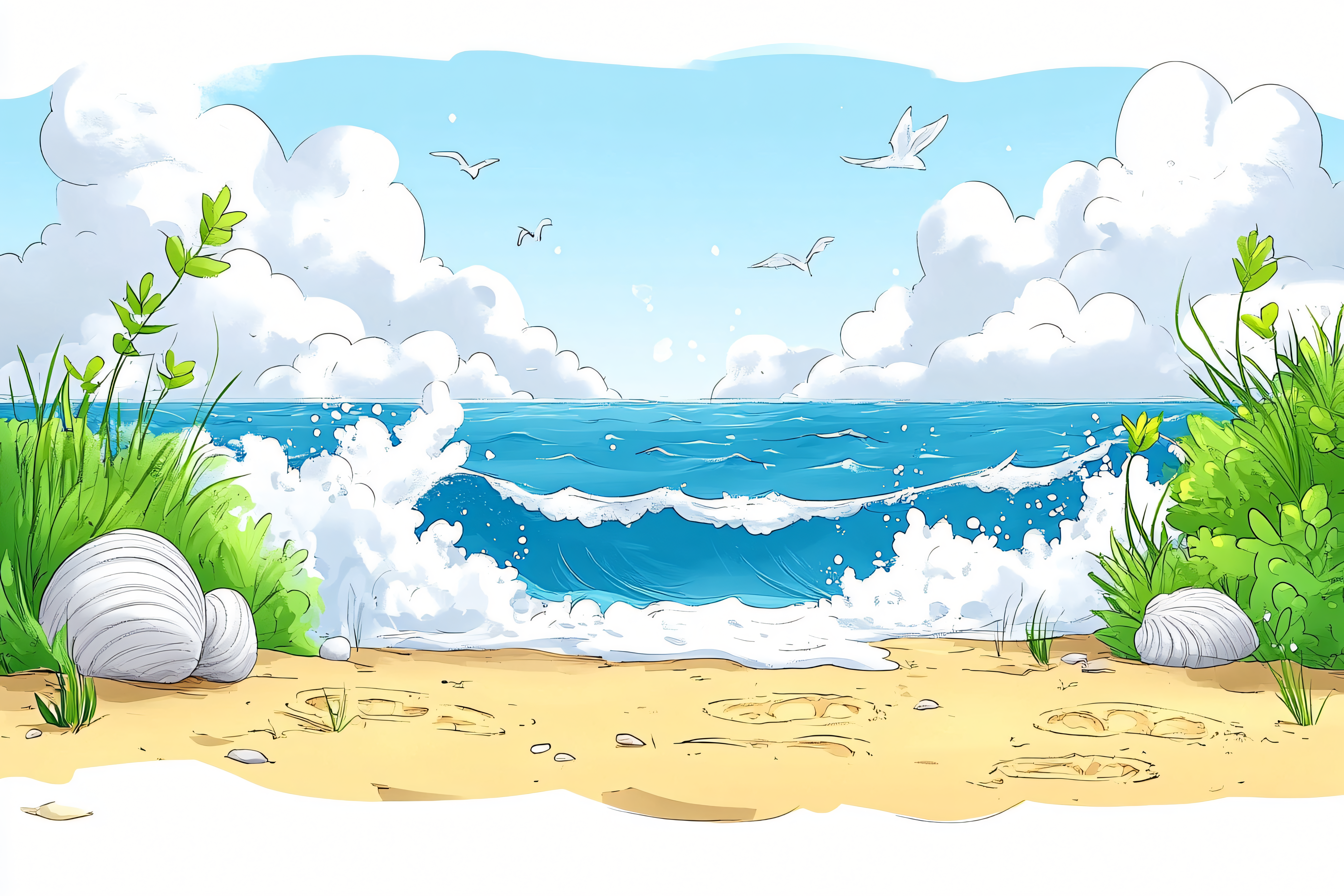 Beach Scene With Waves And Seagulls