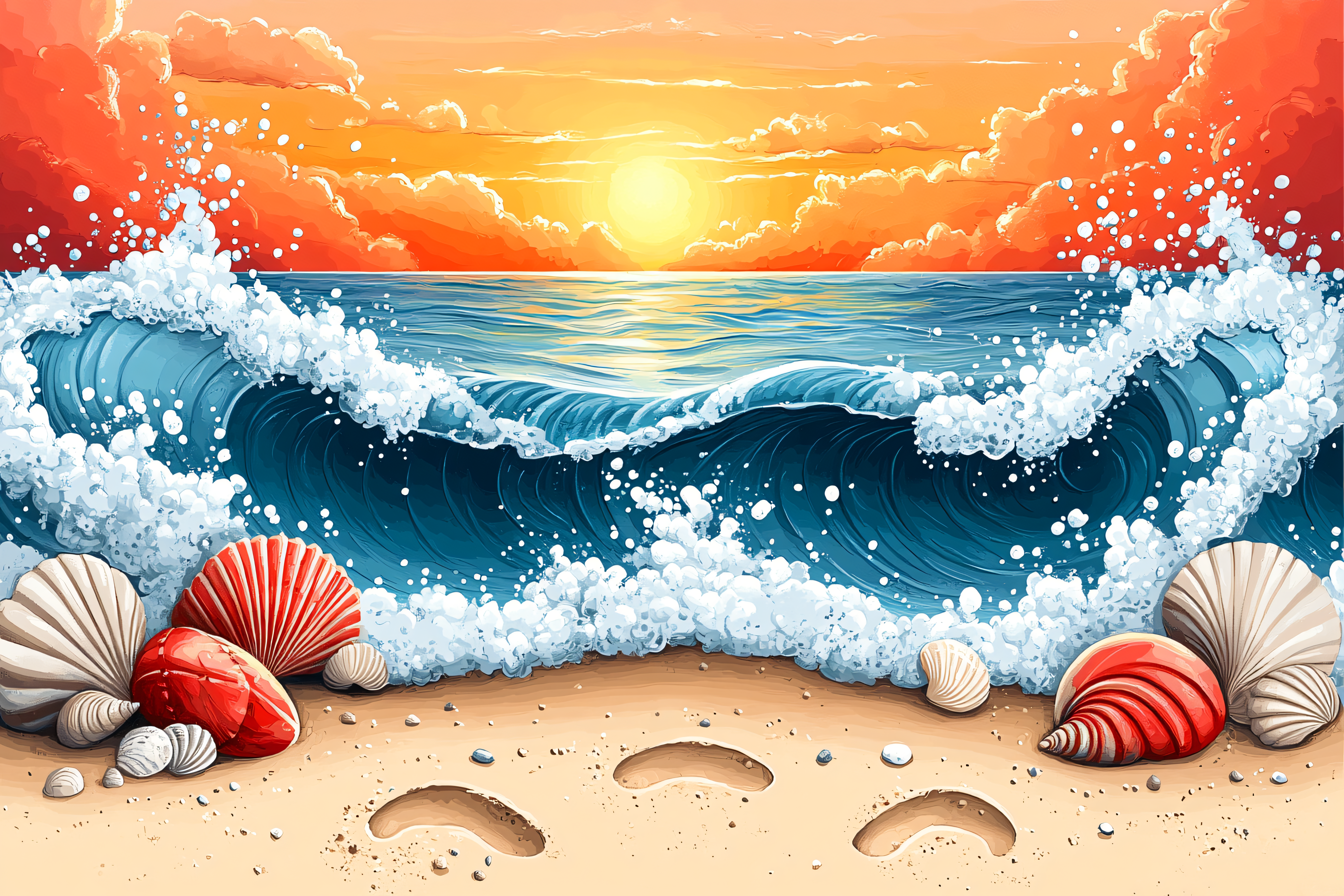 Beach Sunset with Waves and Seashells