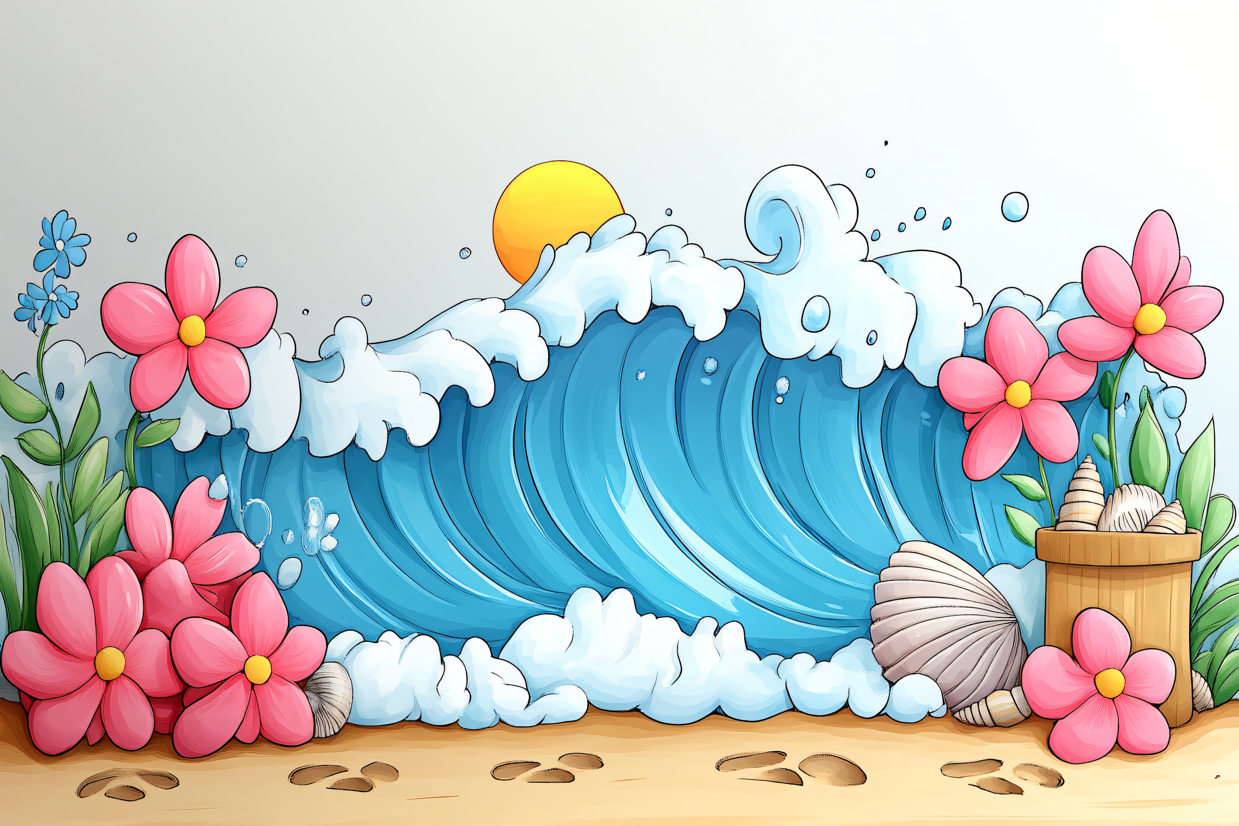 Beach Wave and Flower Scene