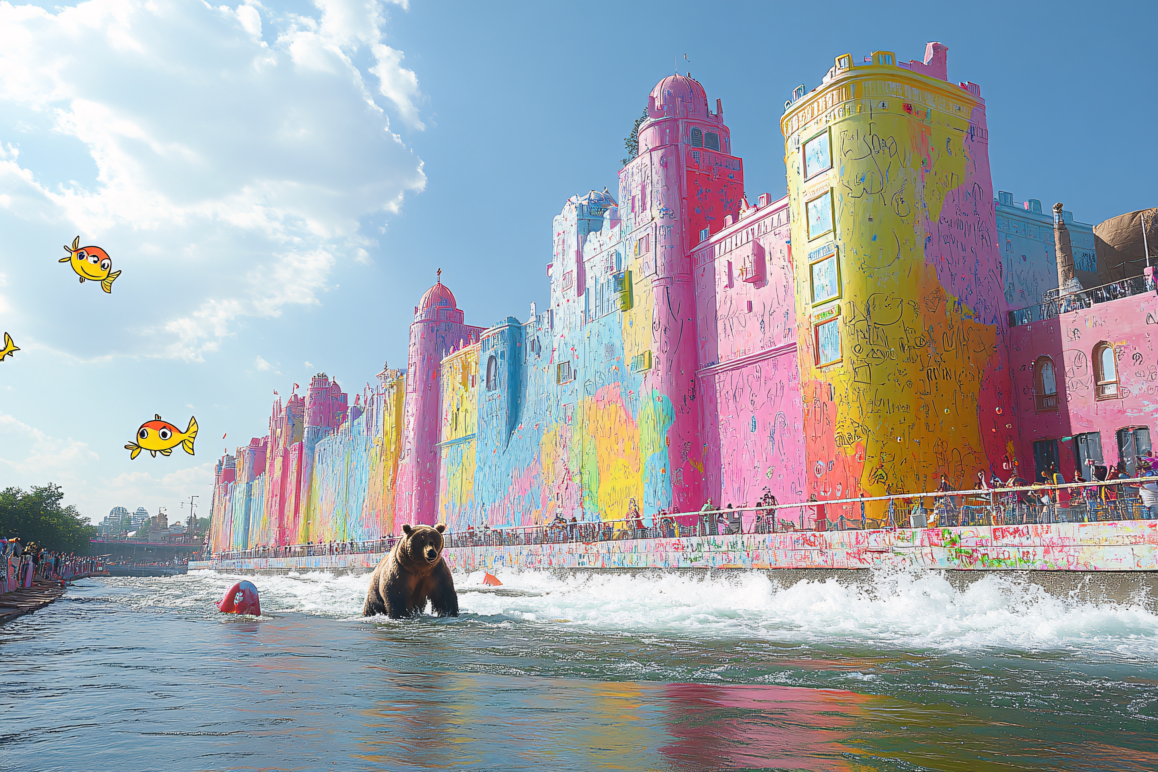 Bear In River With Colorful Castle