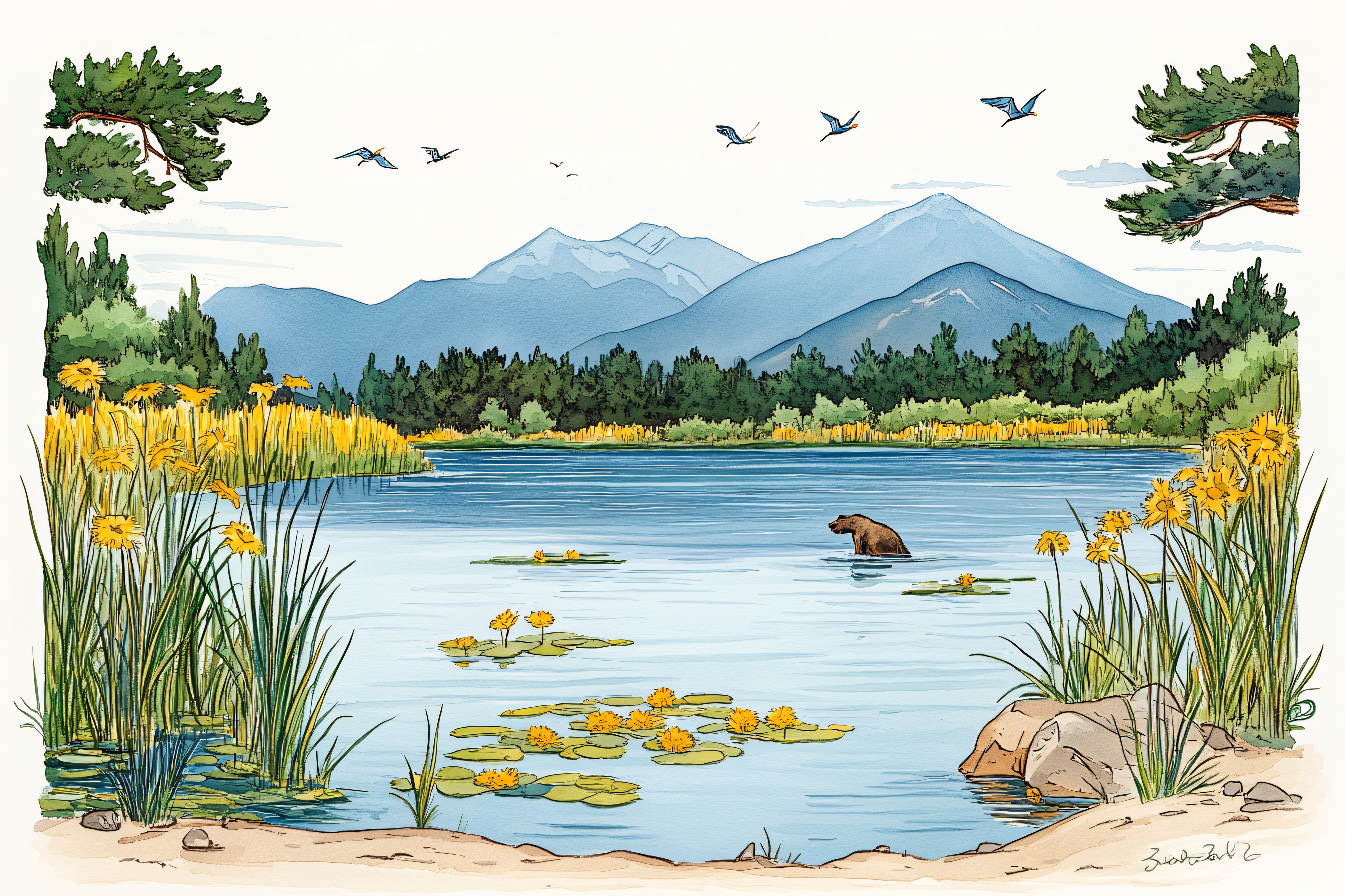 Bear Swimming In Lake With Lily Pads