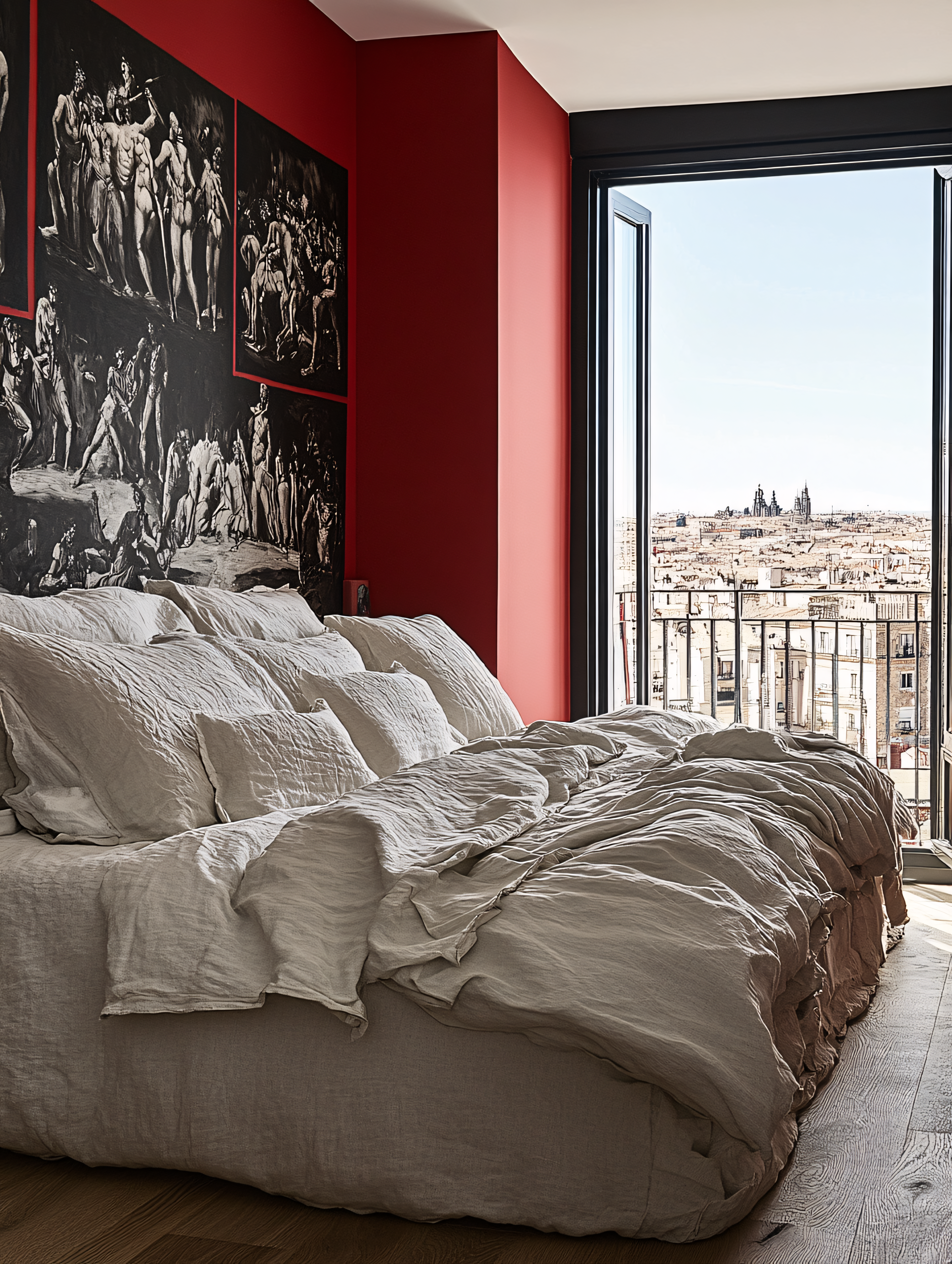 Bedroom Interior with Red Walls and City View