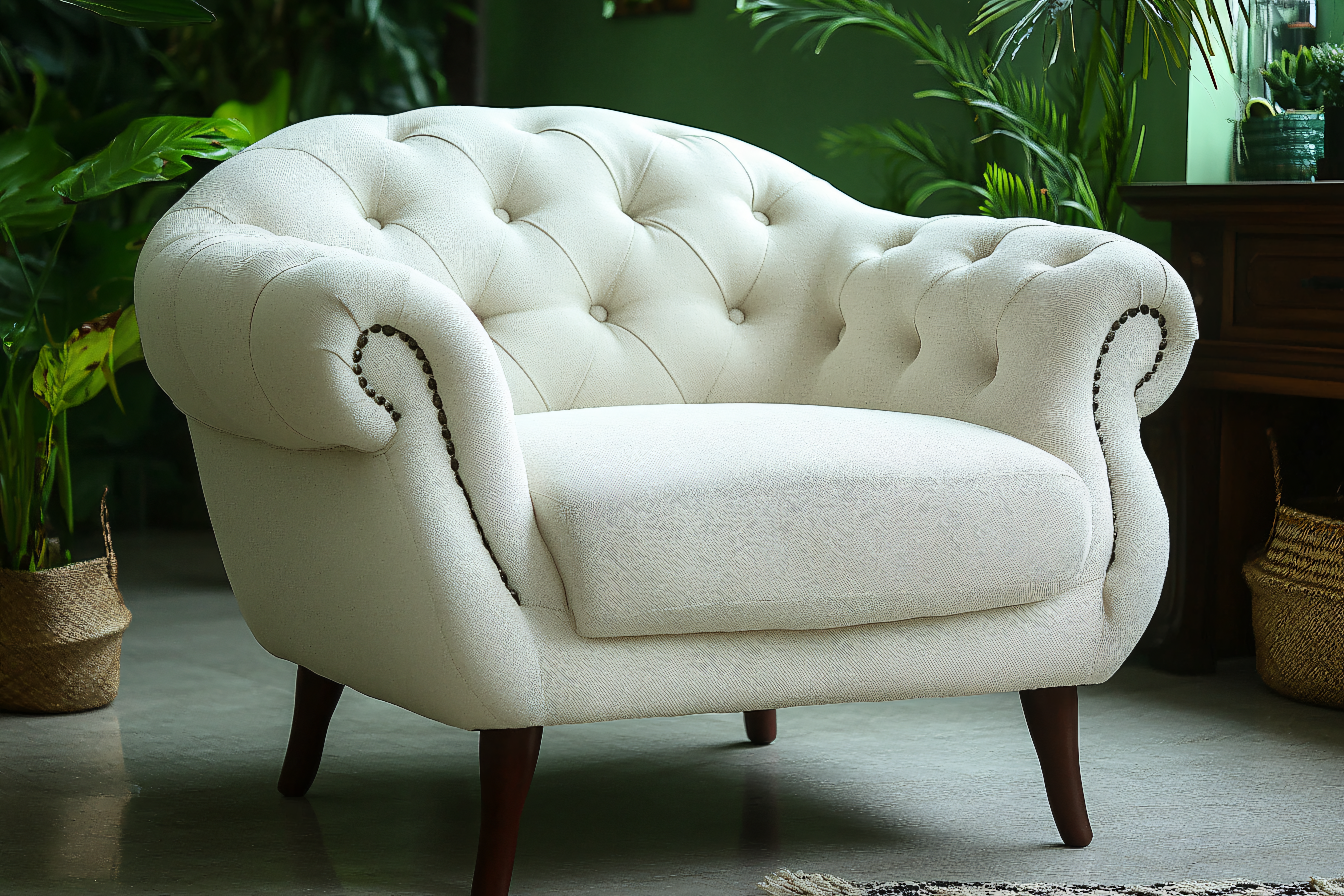 Beige Tufted Armchair In Indoor Setting