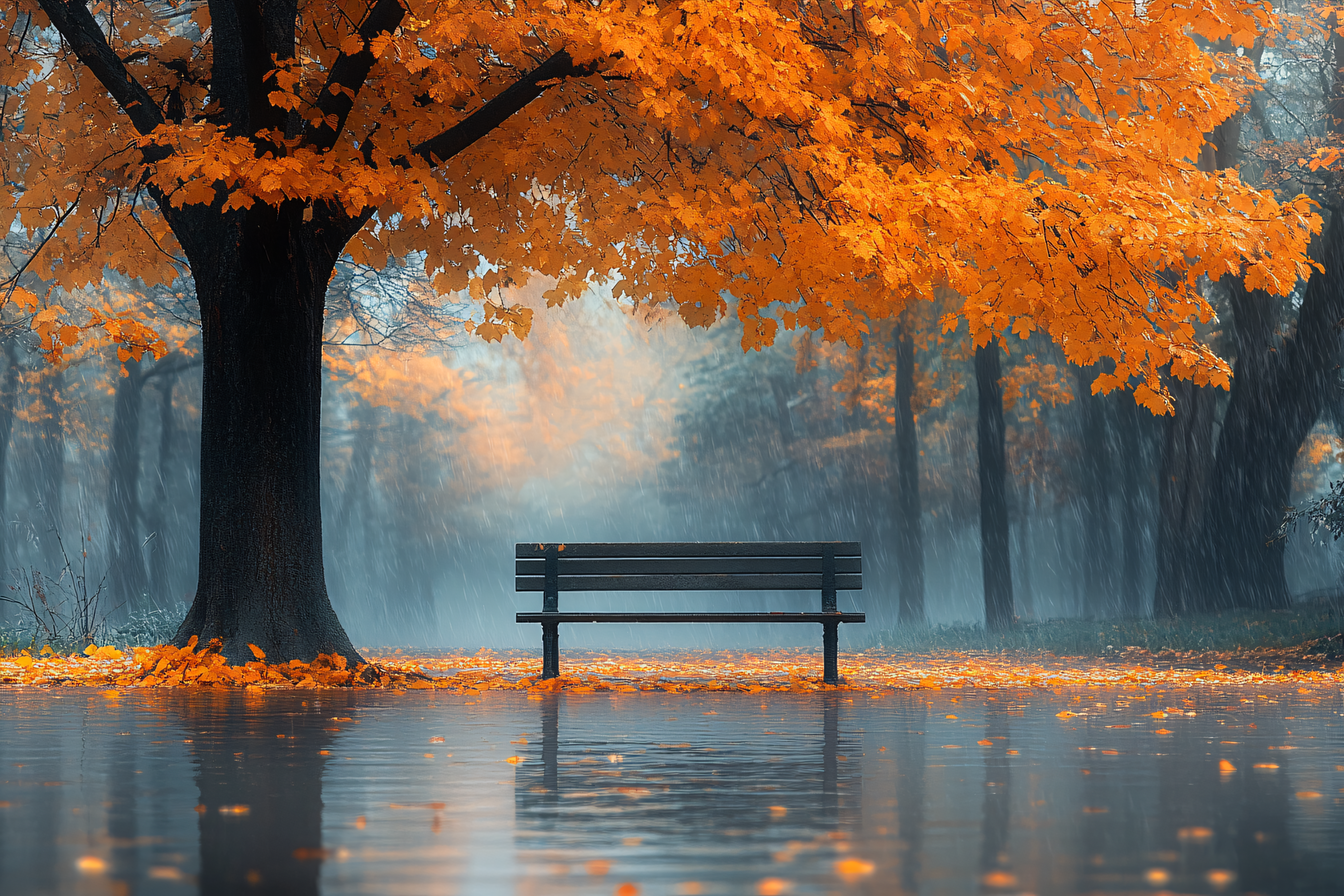 Bench in Autumn Rain