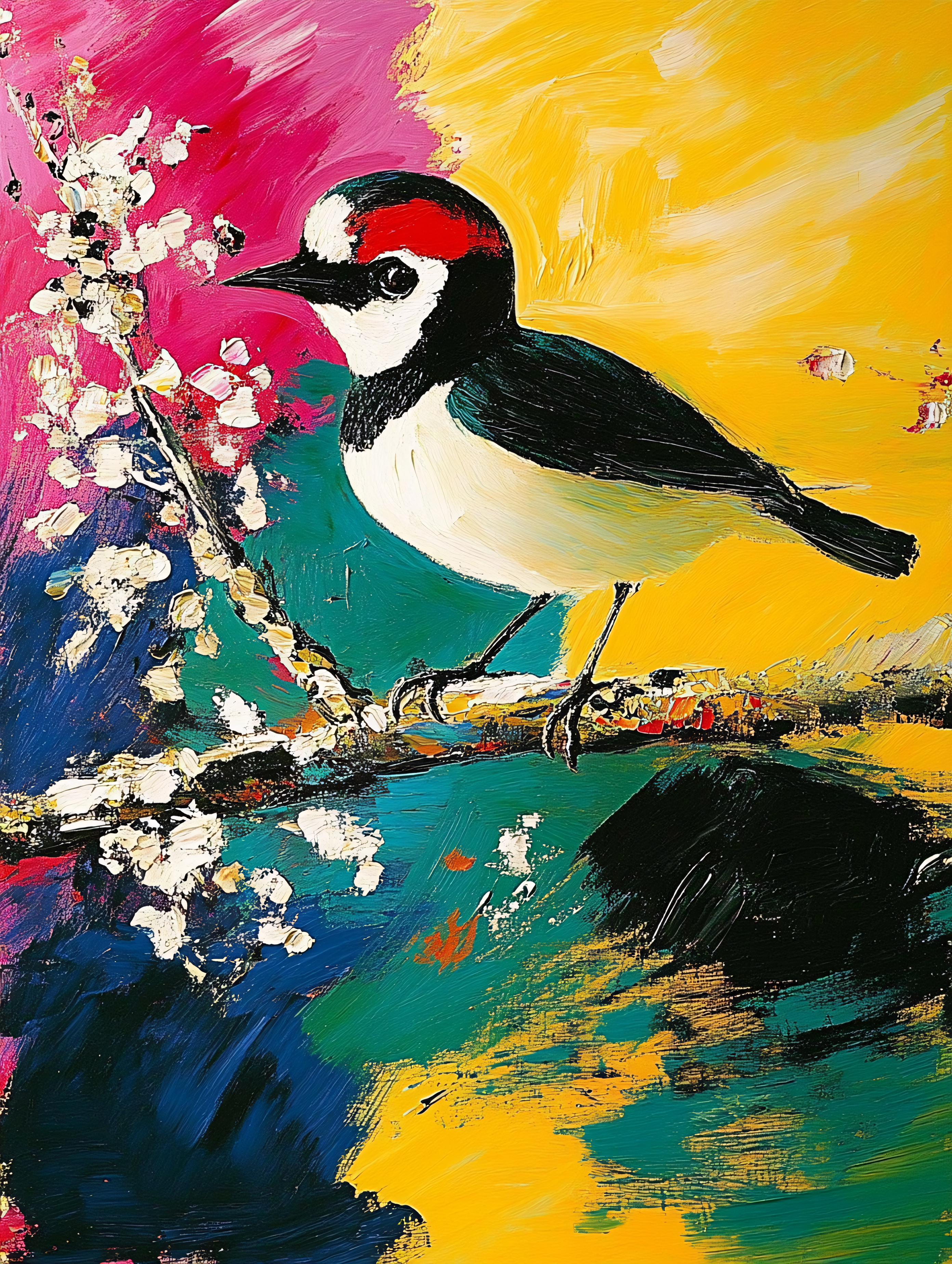 Bird On Blossoming Branch Painting