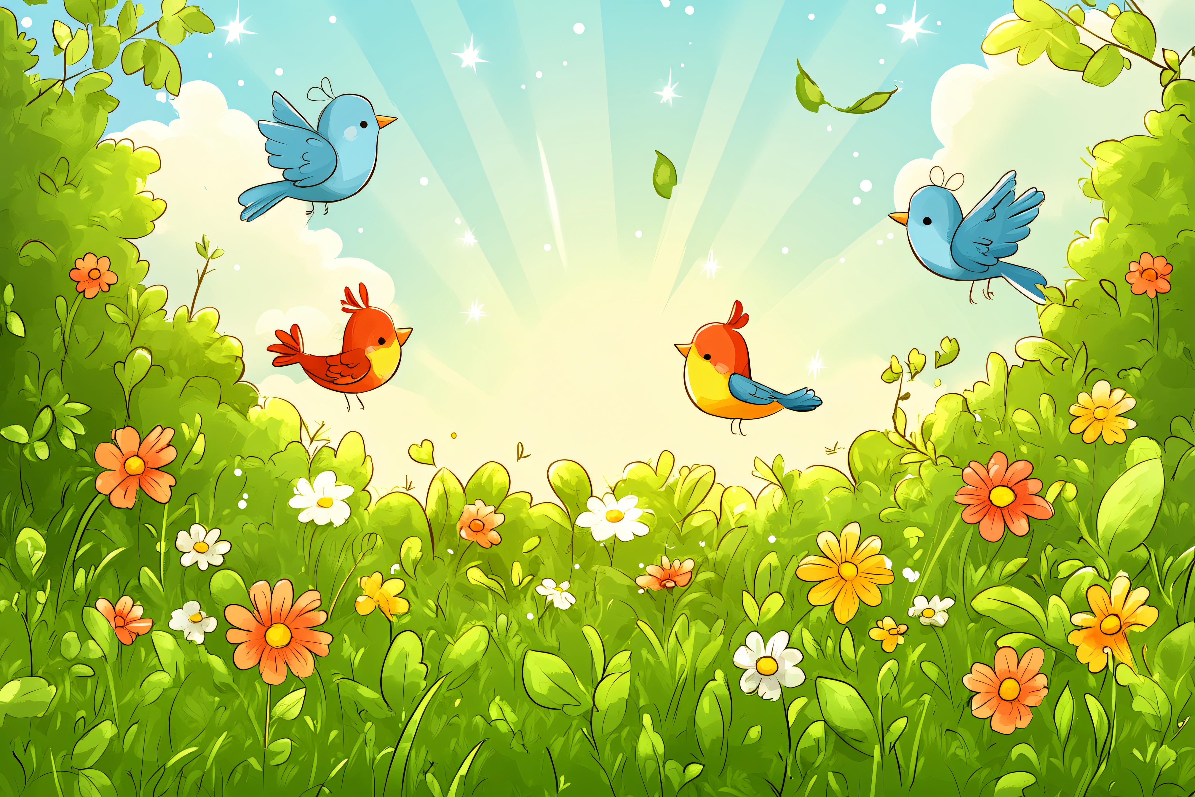 Birds and Flowers in Spring Garden