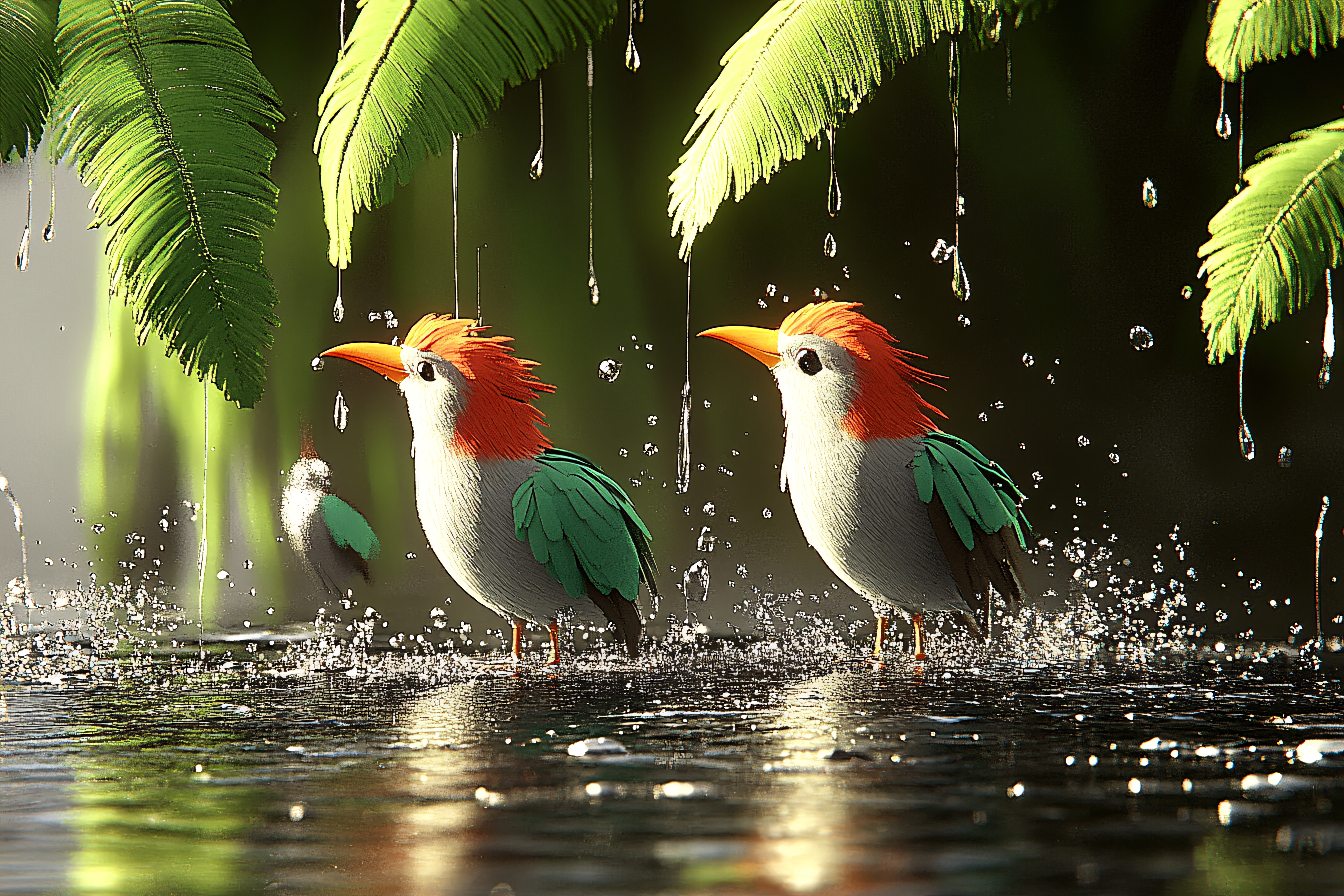 Birds Bathing in the Rain