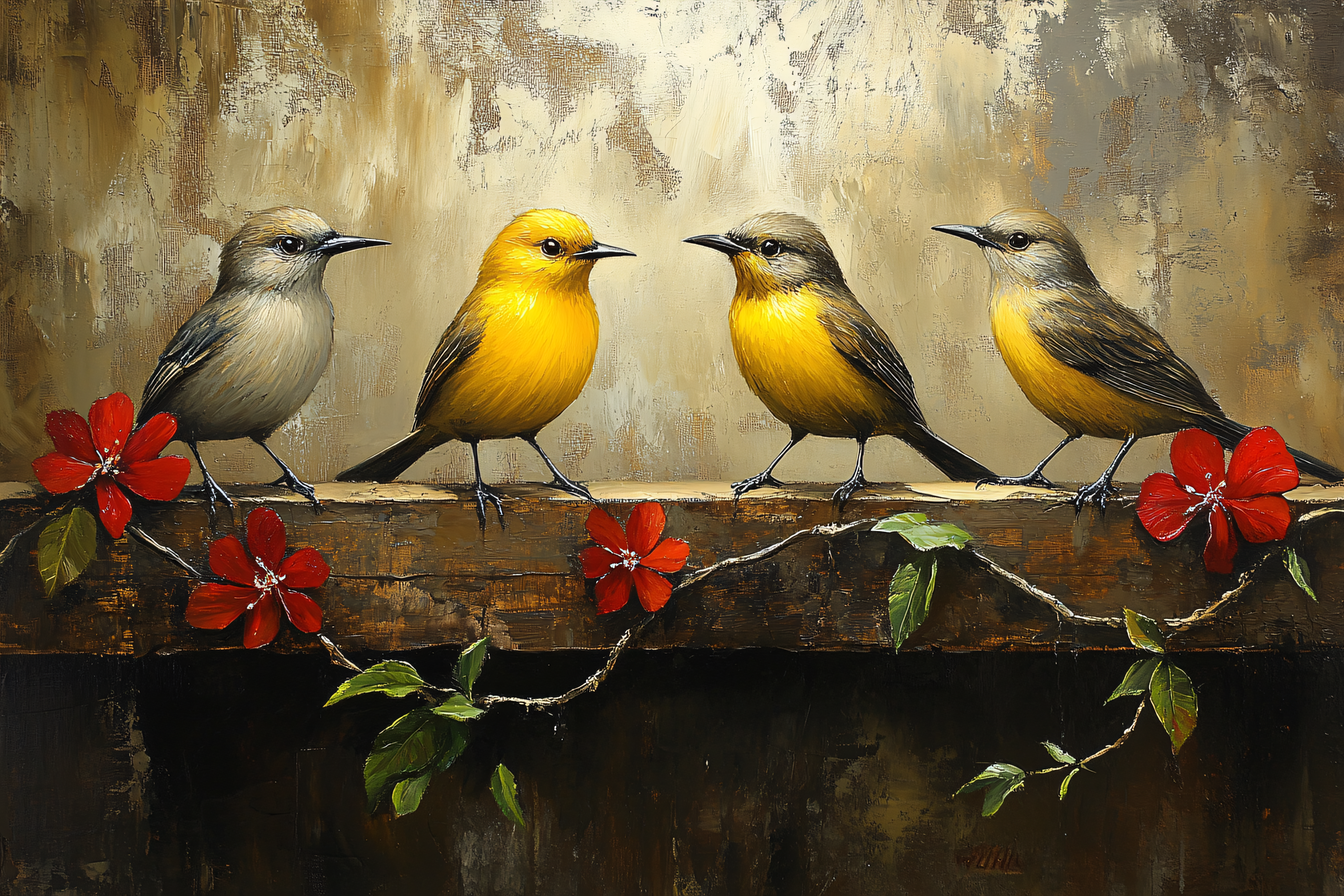 Birds on a Wooden Beam with Flowers