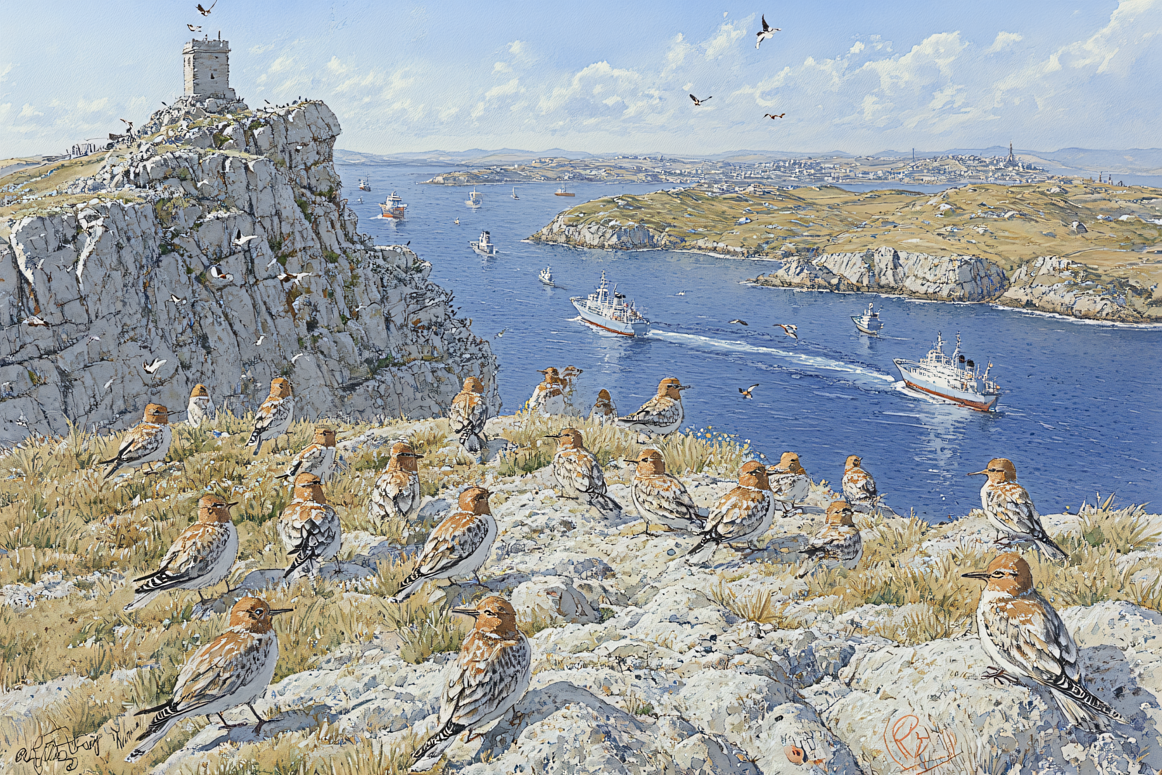Birds on Rocky Coast with Ships