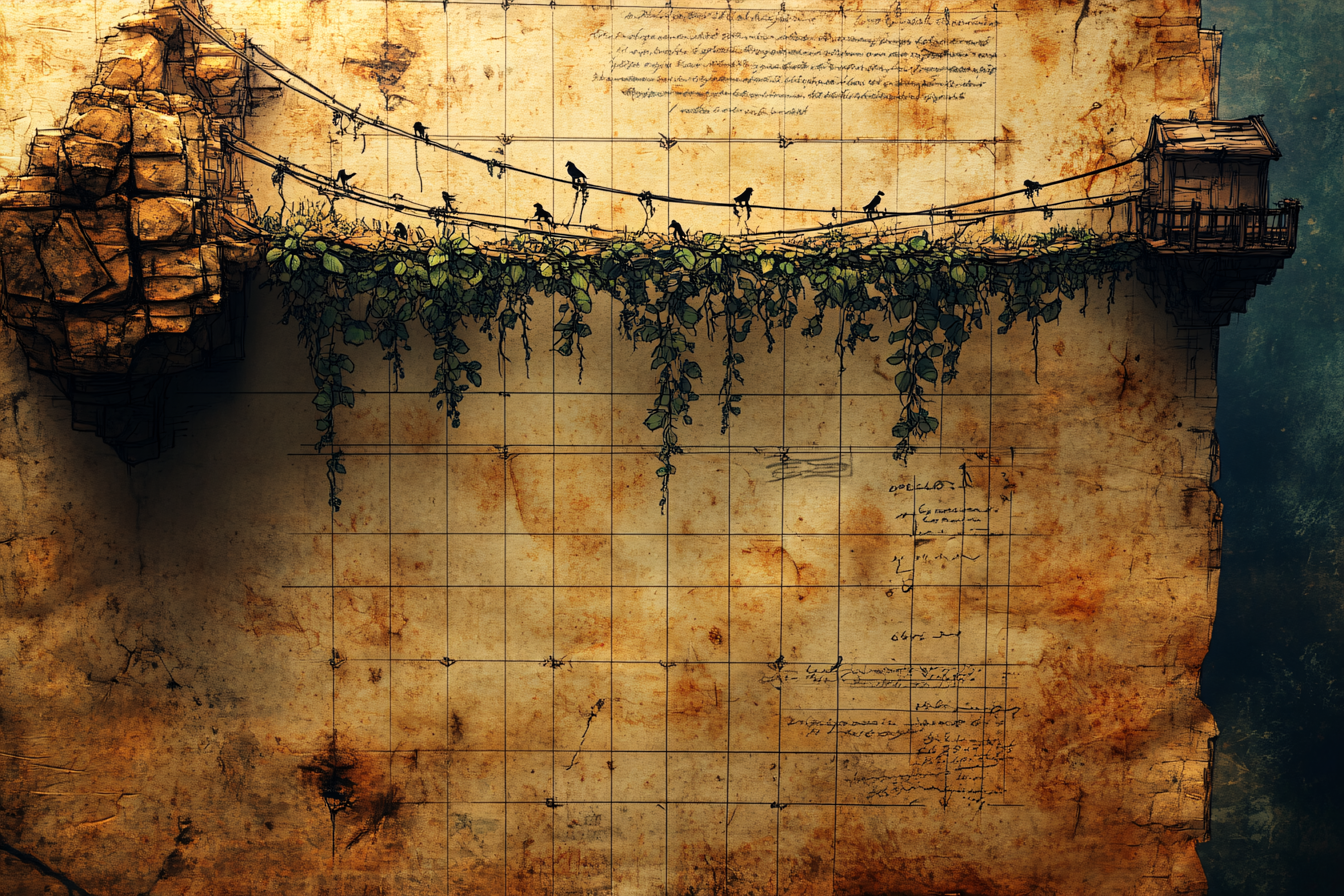 Birds On Wire Bridge Sketch On Aged Paper