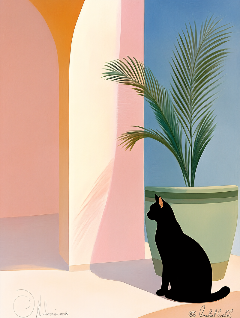 Black Cat And Potted Plant In Geometric Architecture