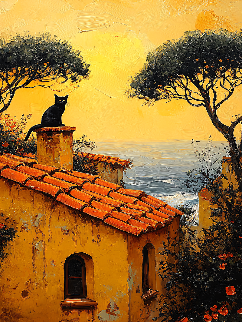 Black Cat On Coastal Rooftop At Sunset