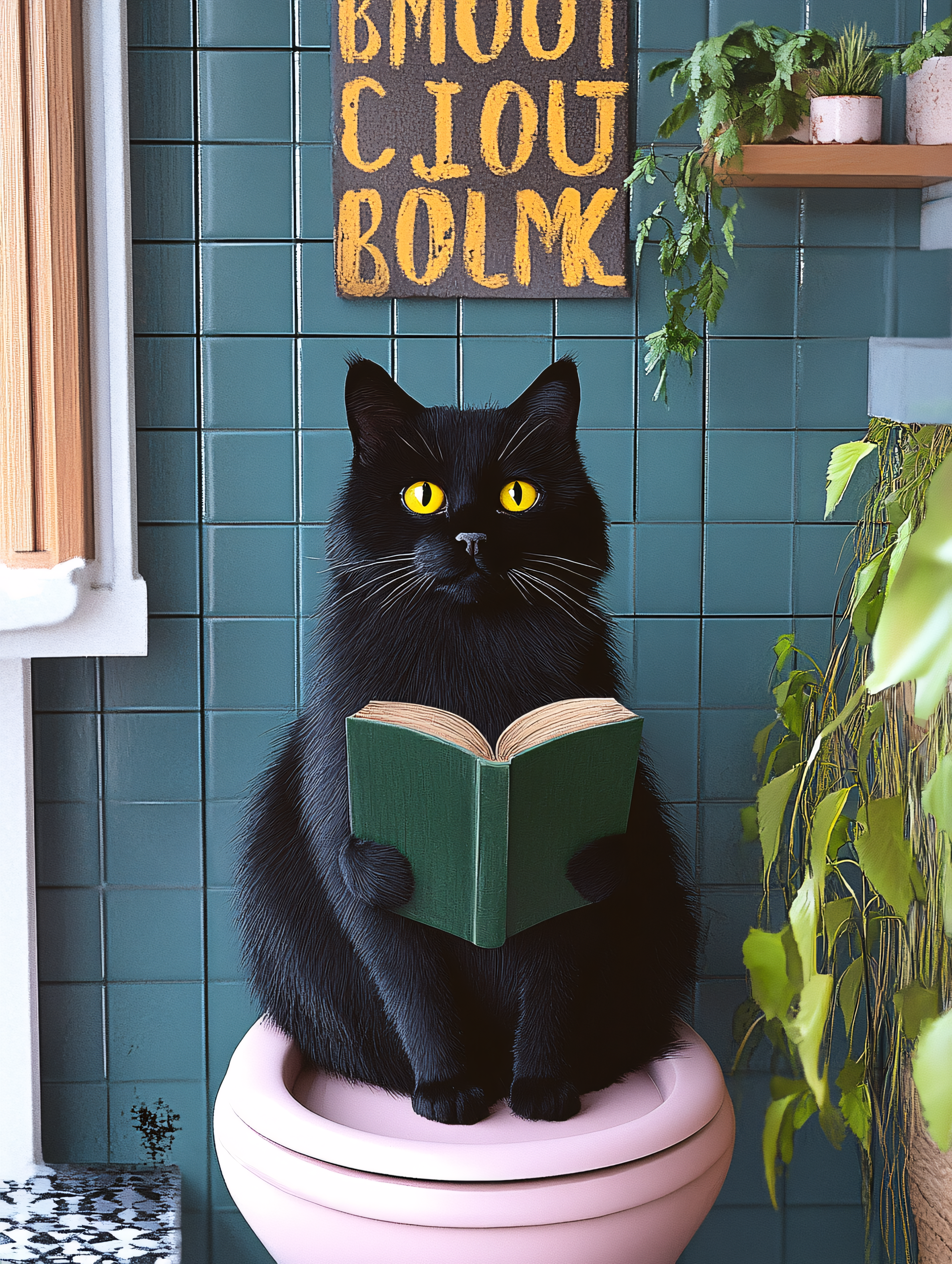 Black Cat Reading Book On Toilet