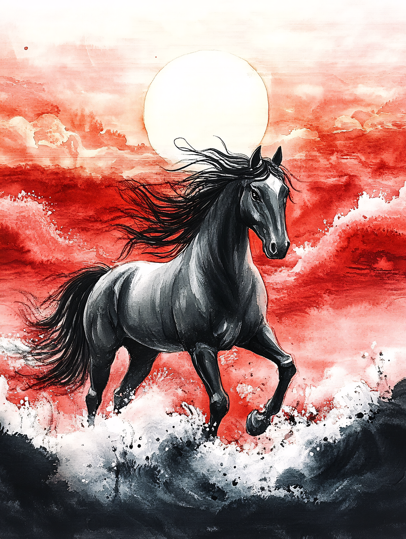 Black Horse In Red Sunset