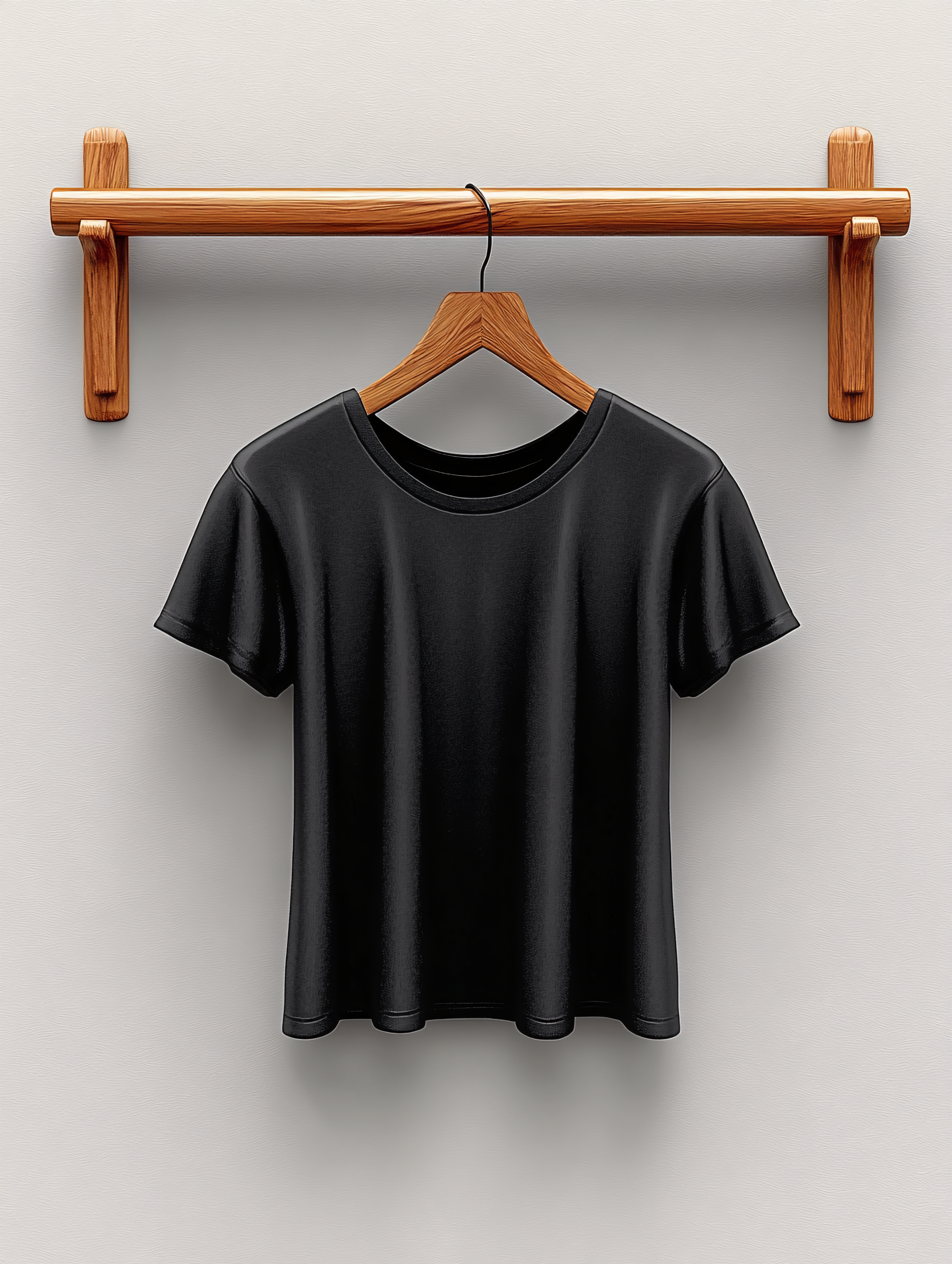 Black T-Shirt on Wooden Hanger