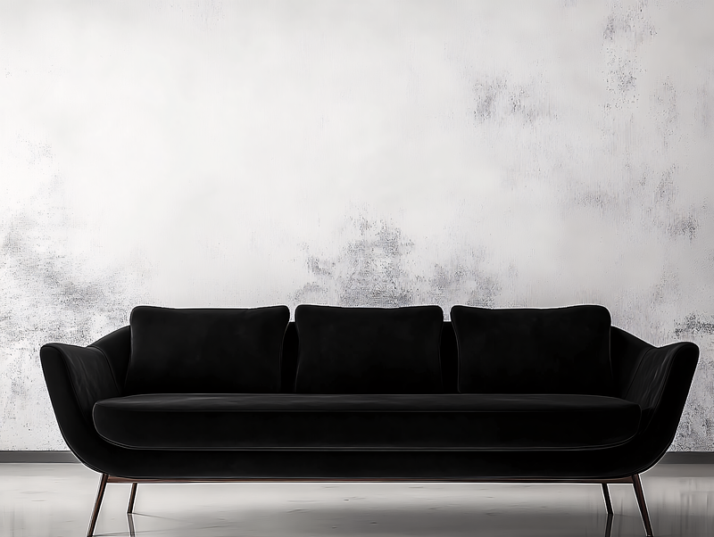 Black Velvet Sofa in Front of a Textured Wall