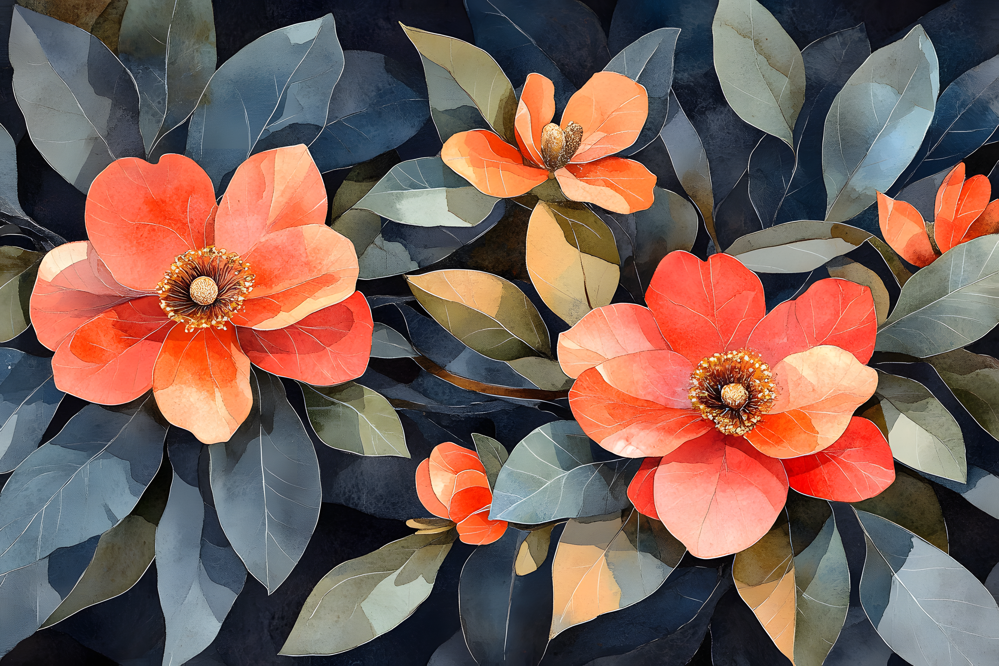 Blooming Orange Flowers Watercolor