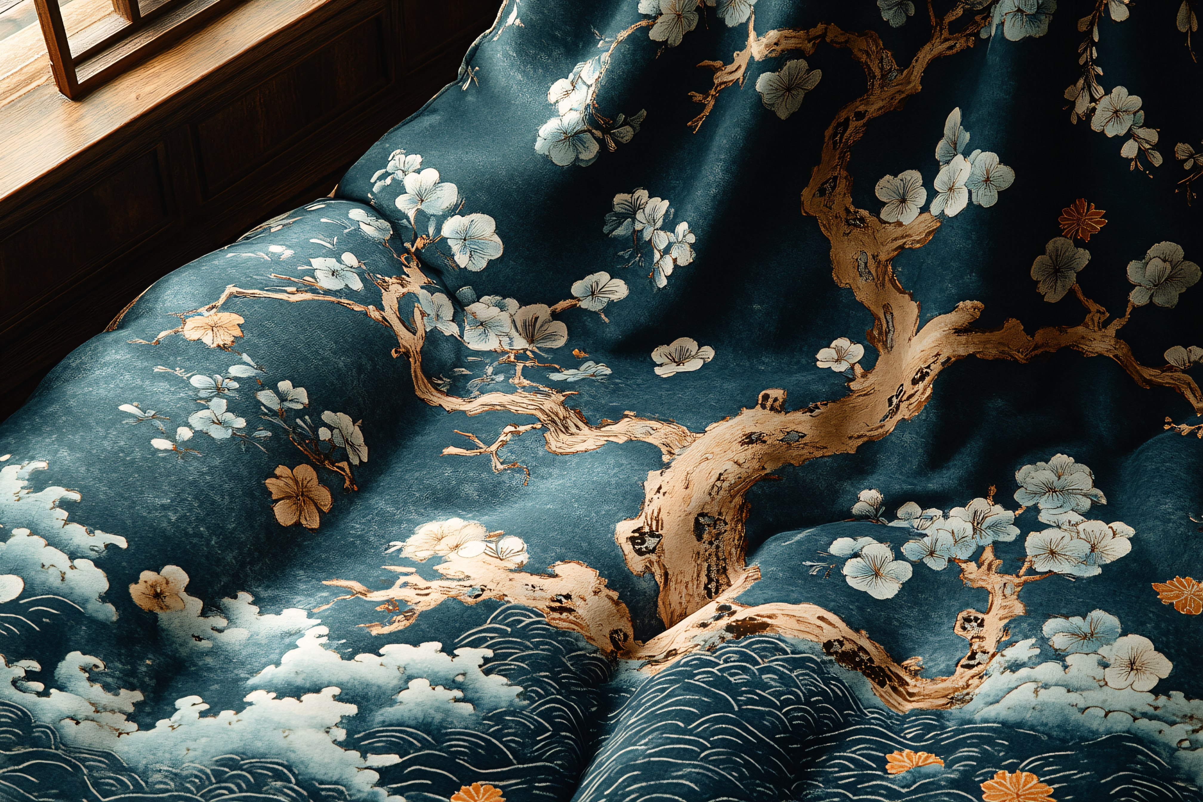 Blossoming Tree on Teal Fabric