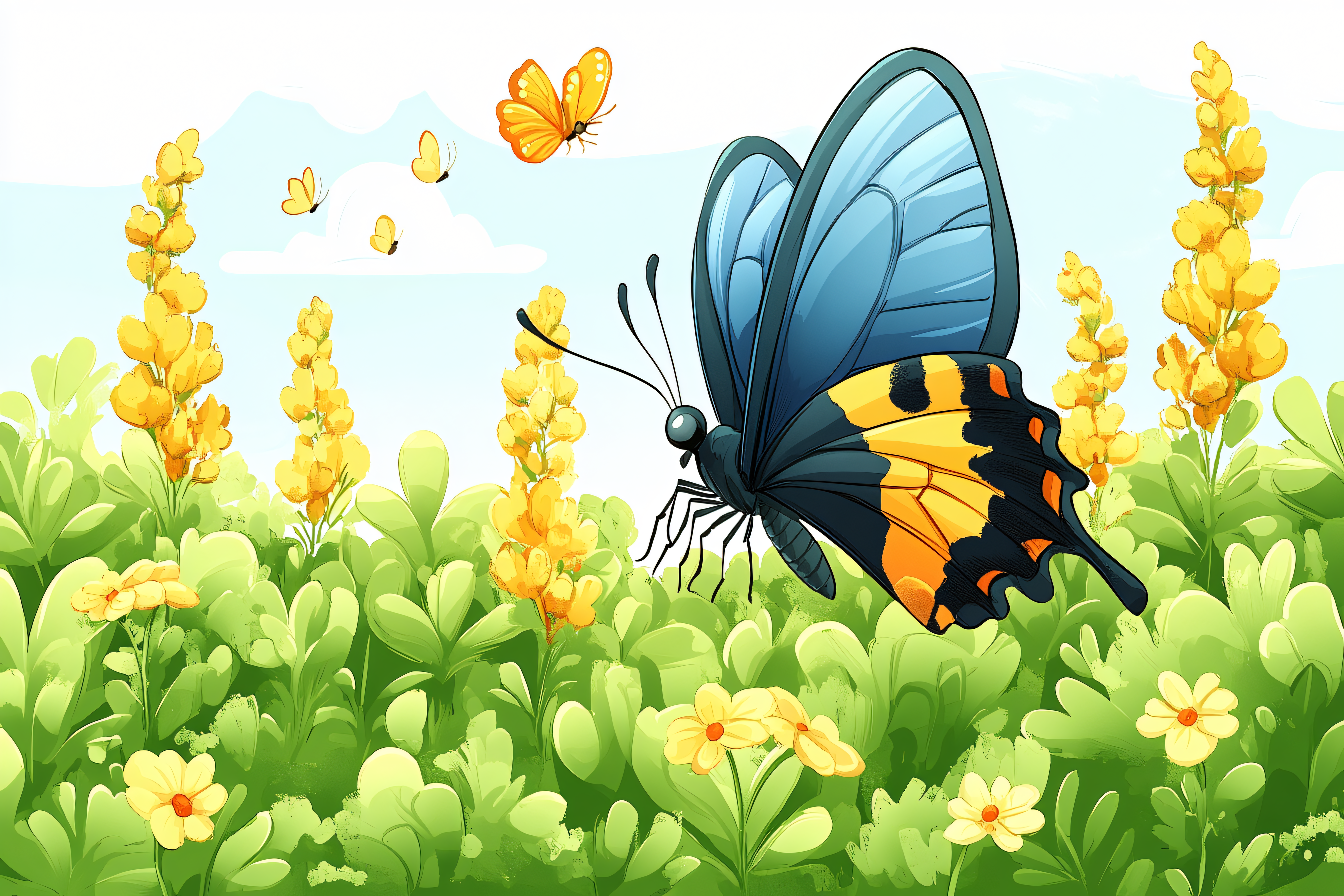 Blue Butterfly and Yellow Flowers