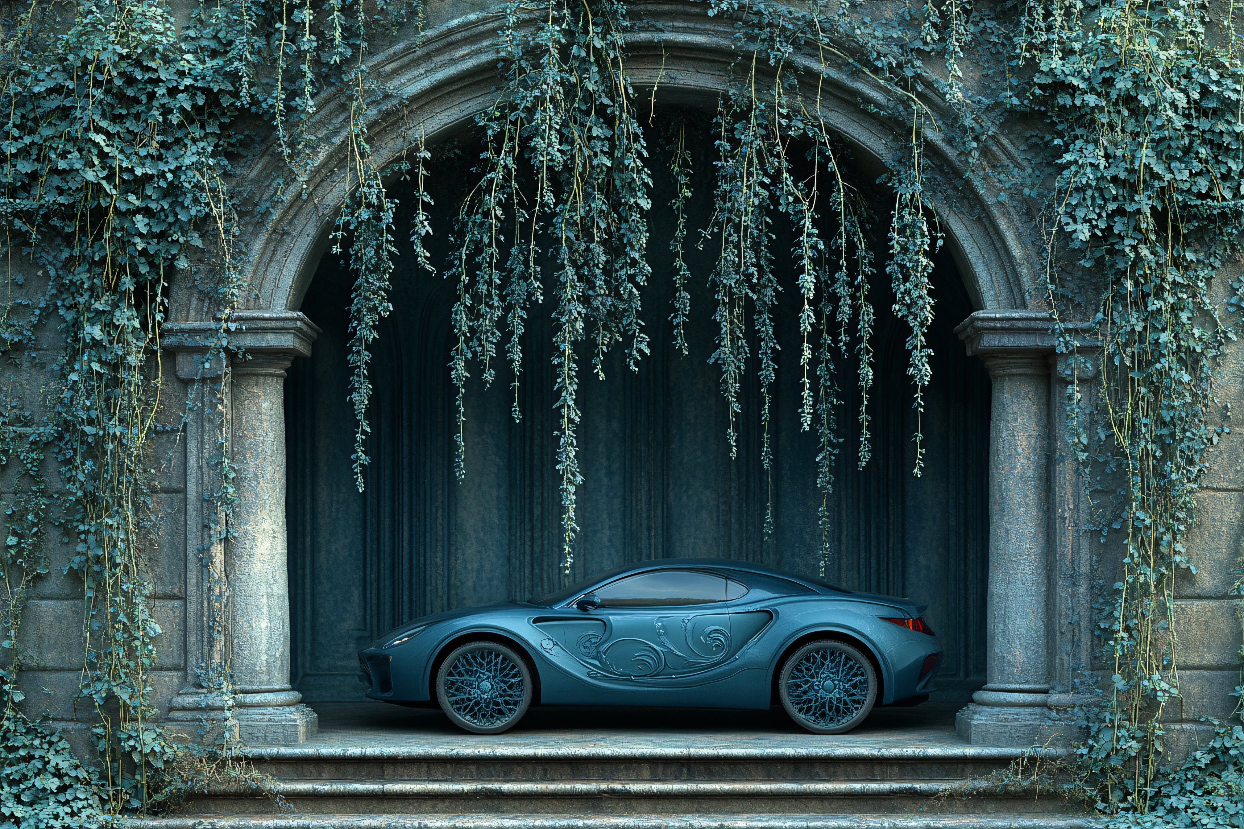 Blue Car Against an Ivy-Covered Archway