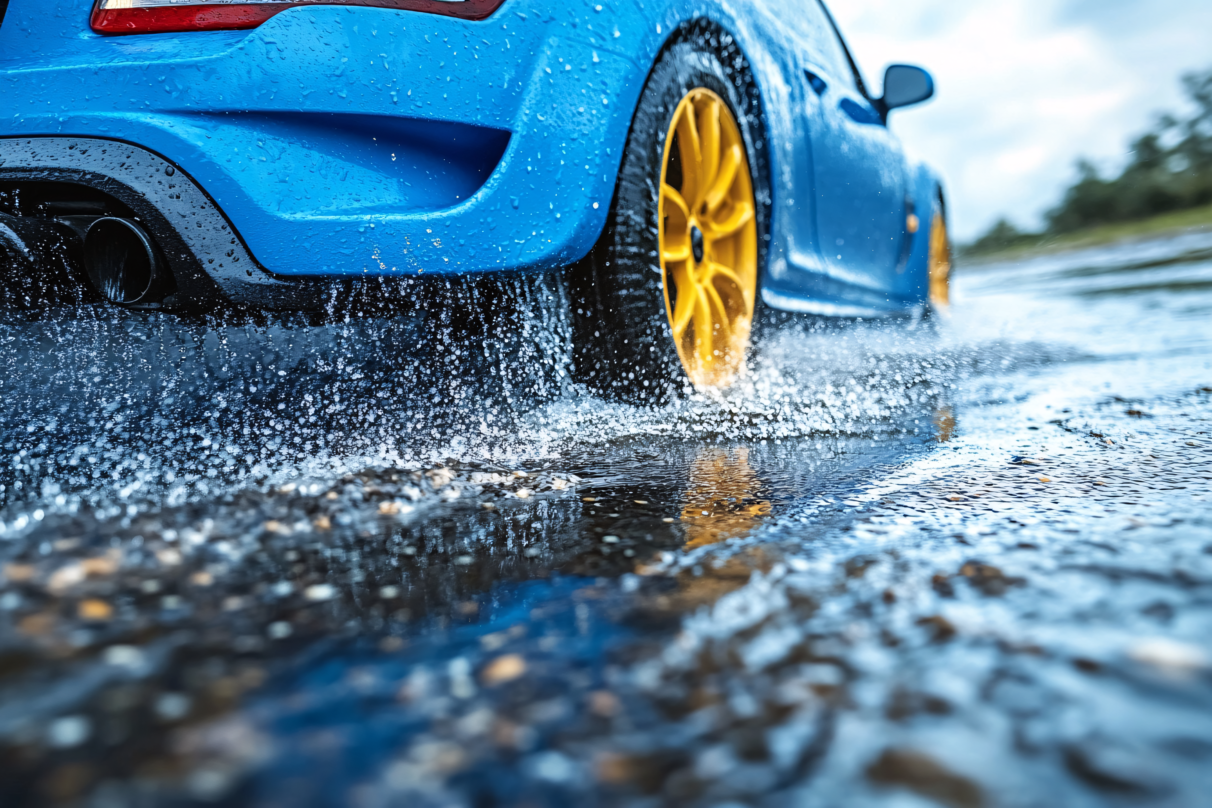 Blue Car Driving Through Water