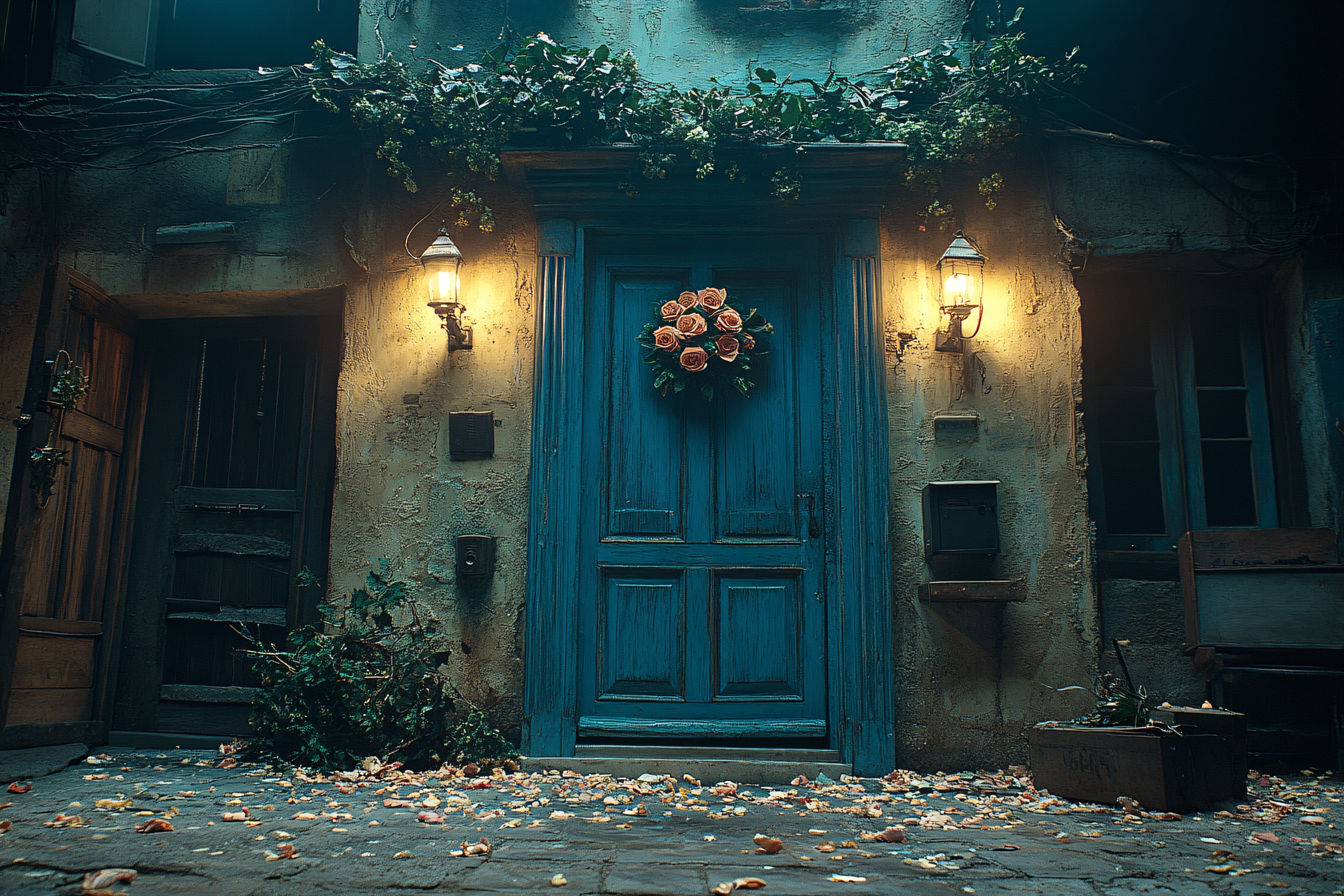 Blue Door With Rose Wreath