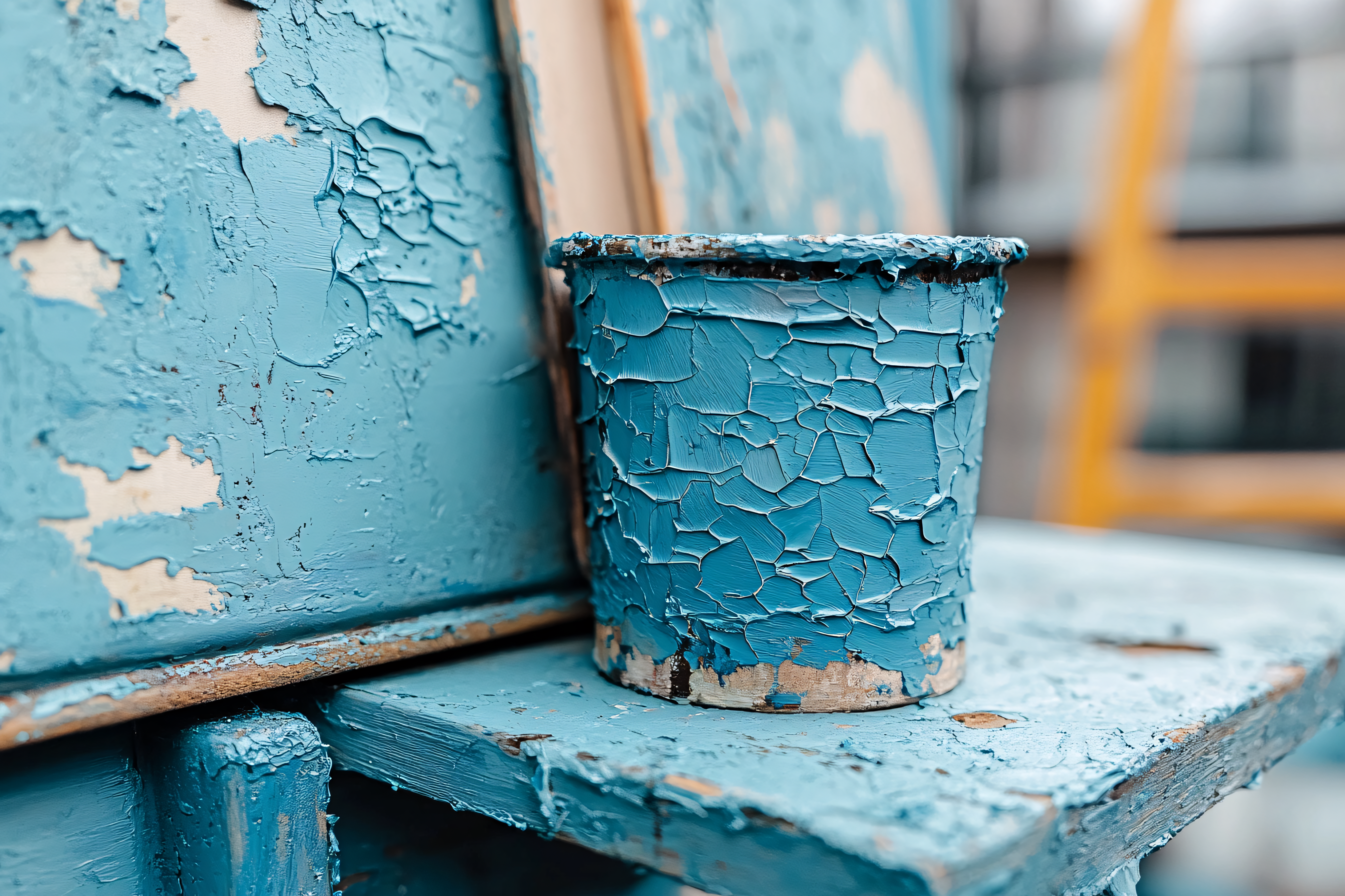 Blue Paint Can on Weathered Wooden Surface