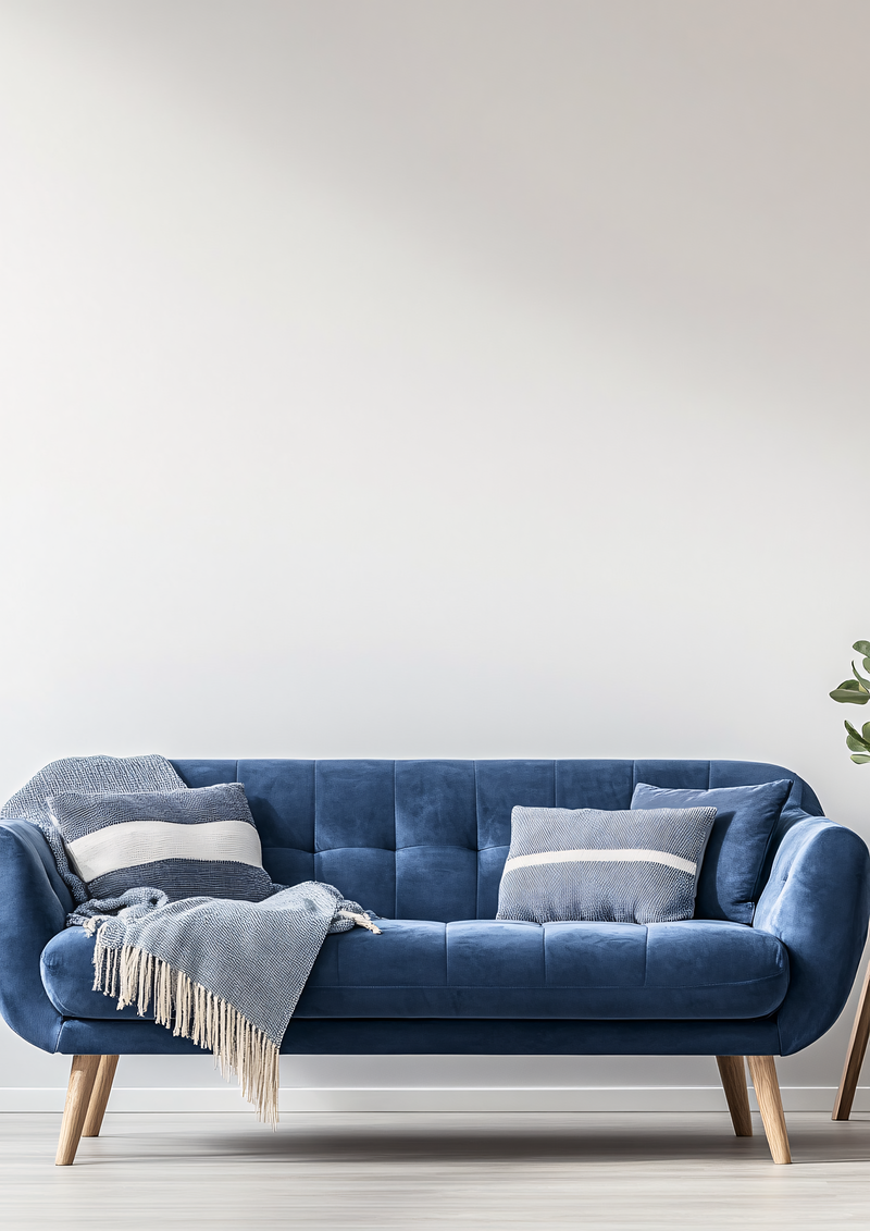 Blue Velvet Sofa with Throw and Pillows