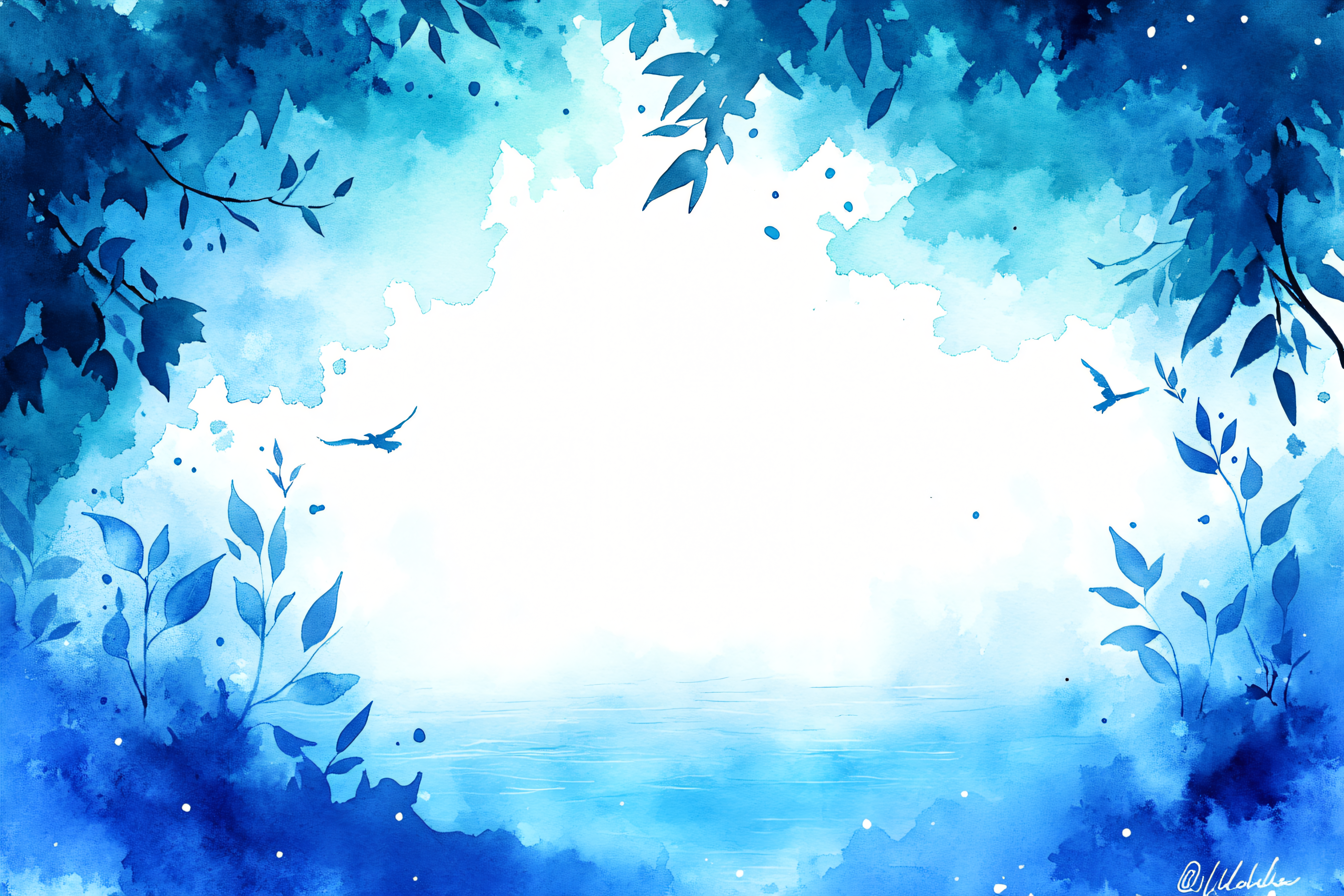 Blue Watercolor Forest Landscape with Birds