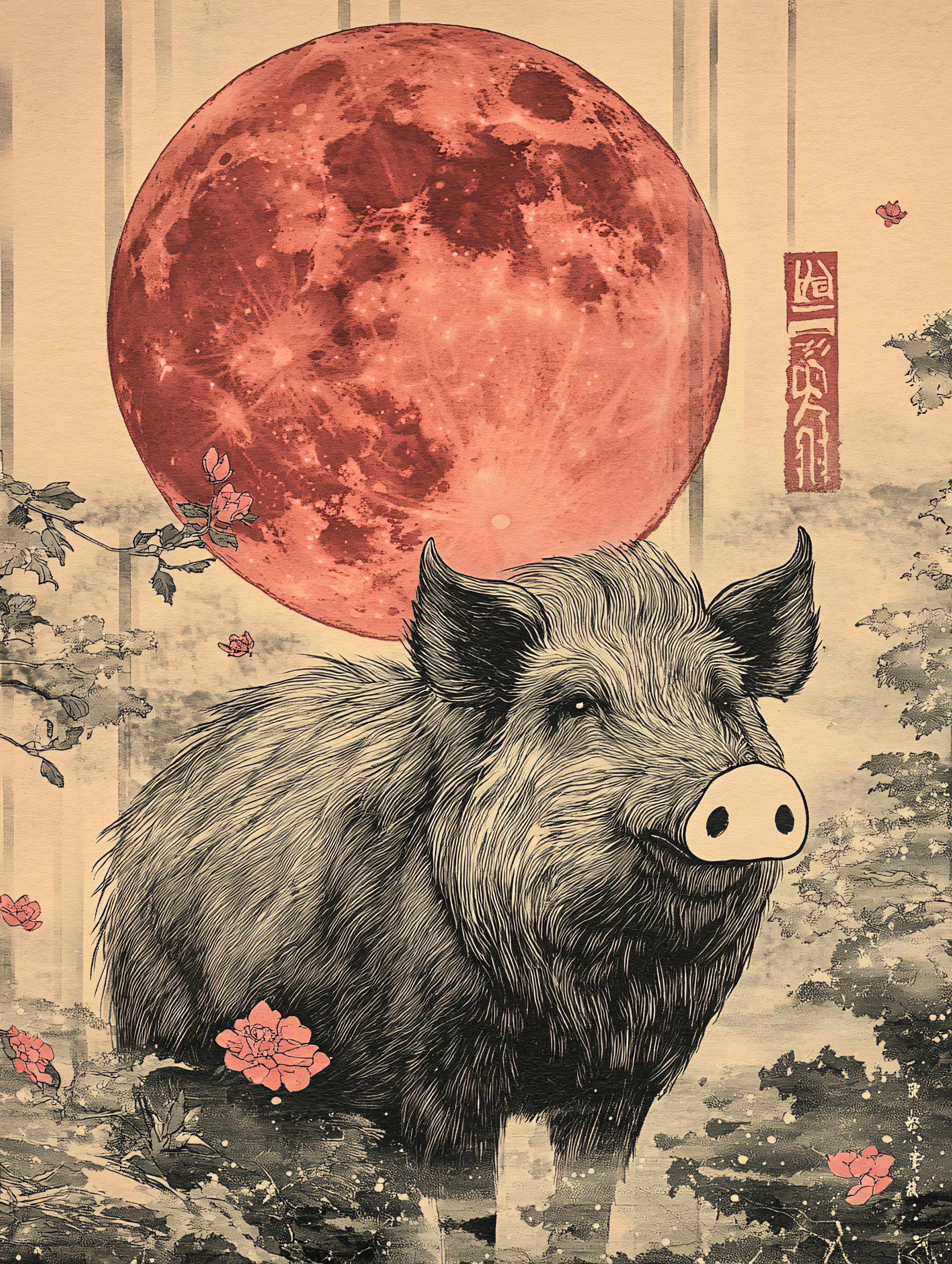 Boar Under Red Moon
