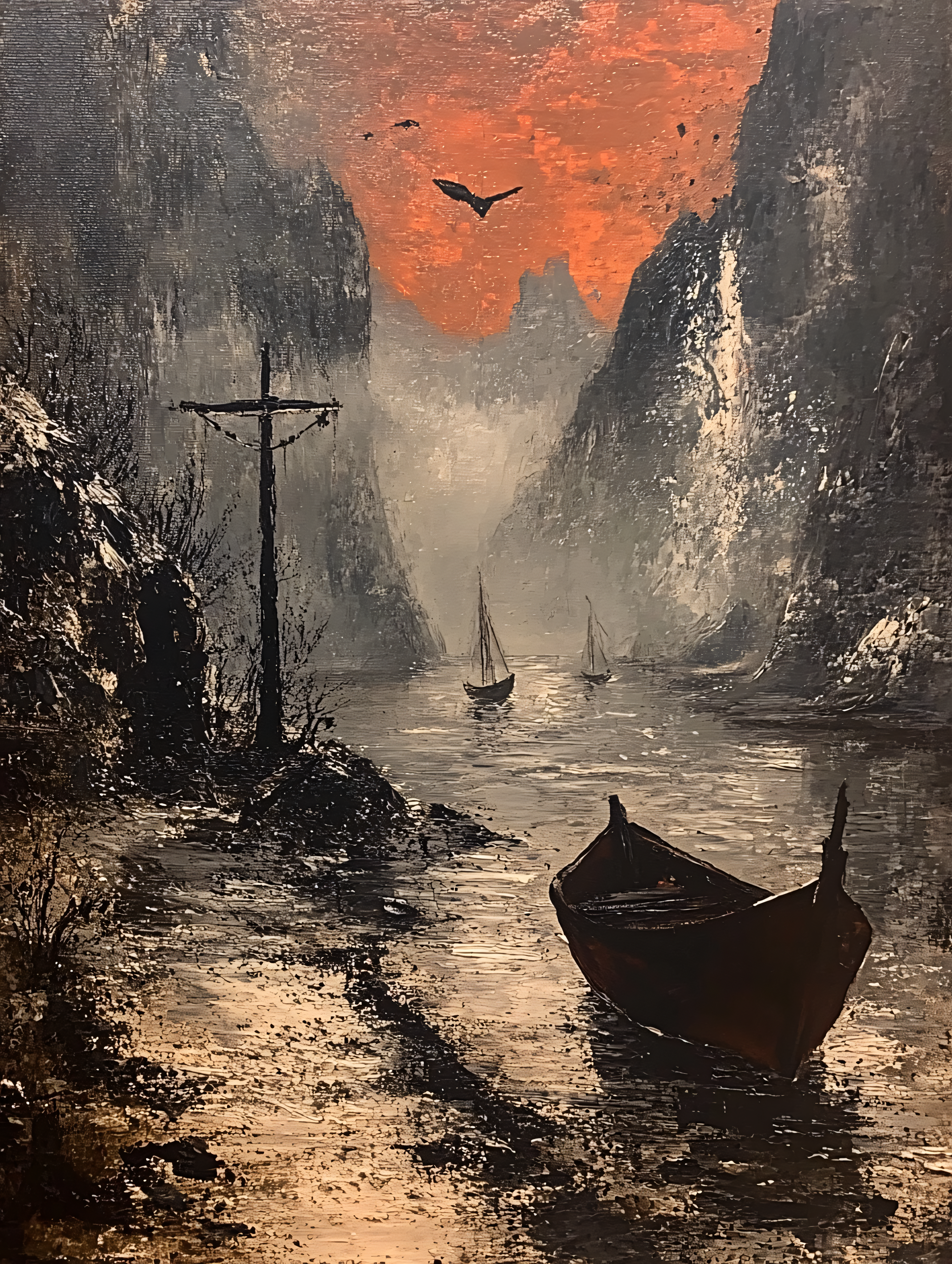 **Boat on Water with Mountains and Crosses**
