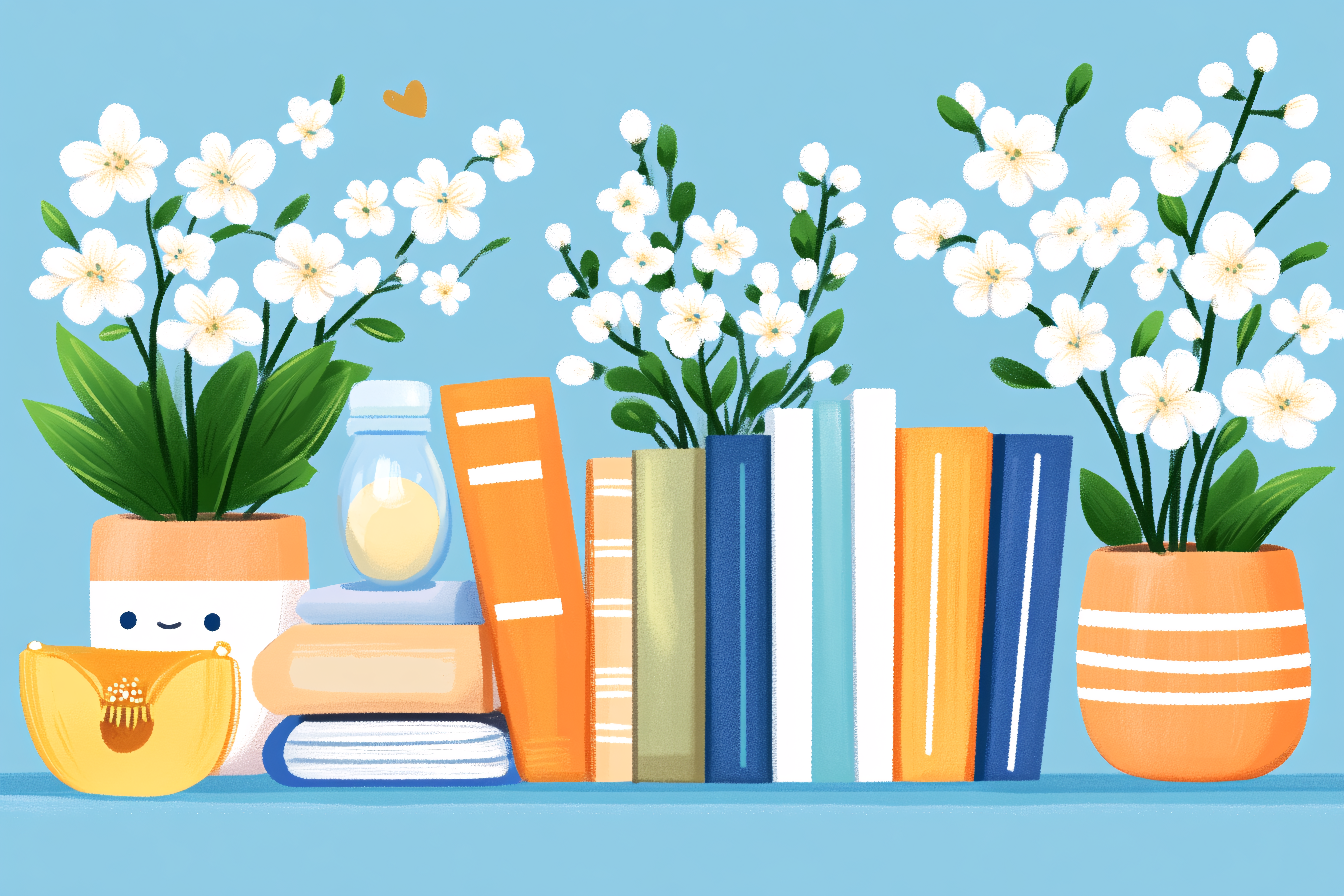 Bookshelf With Flowers And Peach Bag