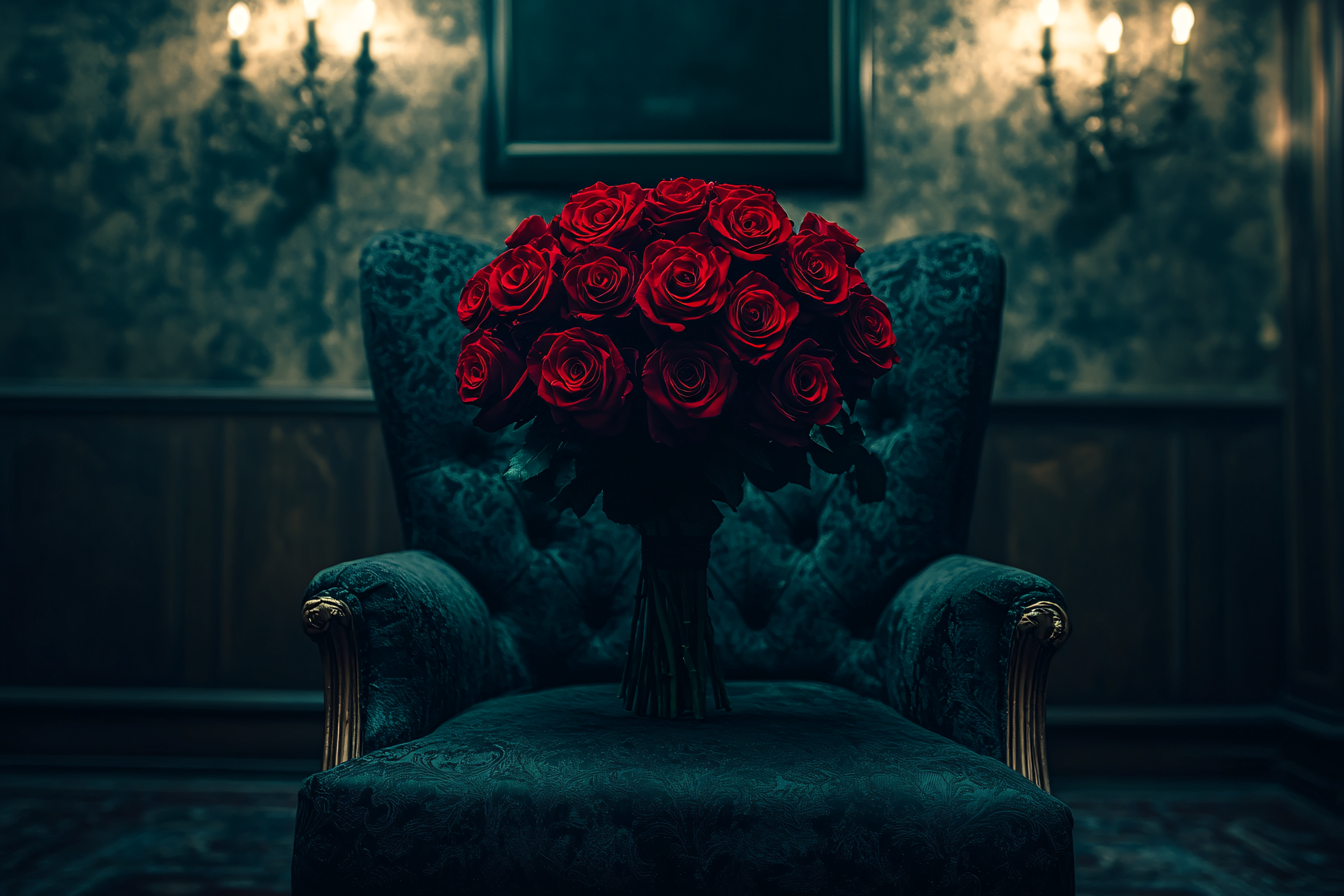 Bouquet Of Red Roses On Armchair