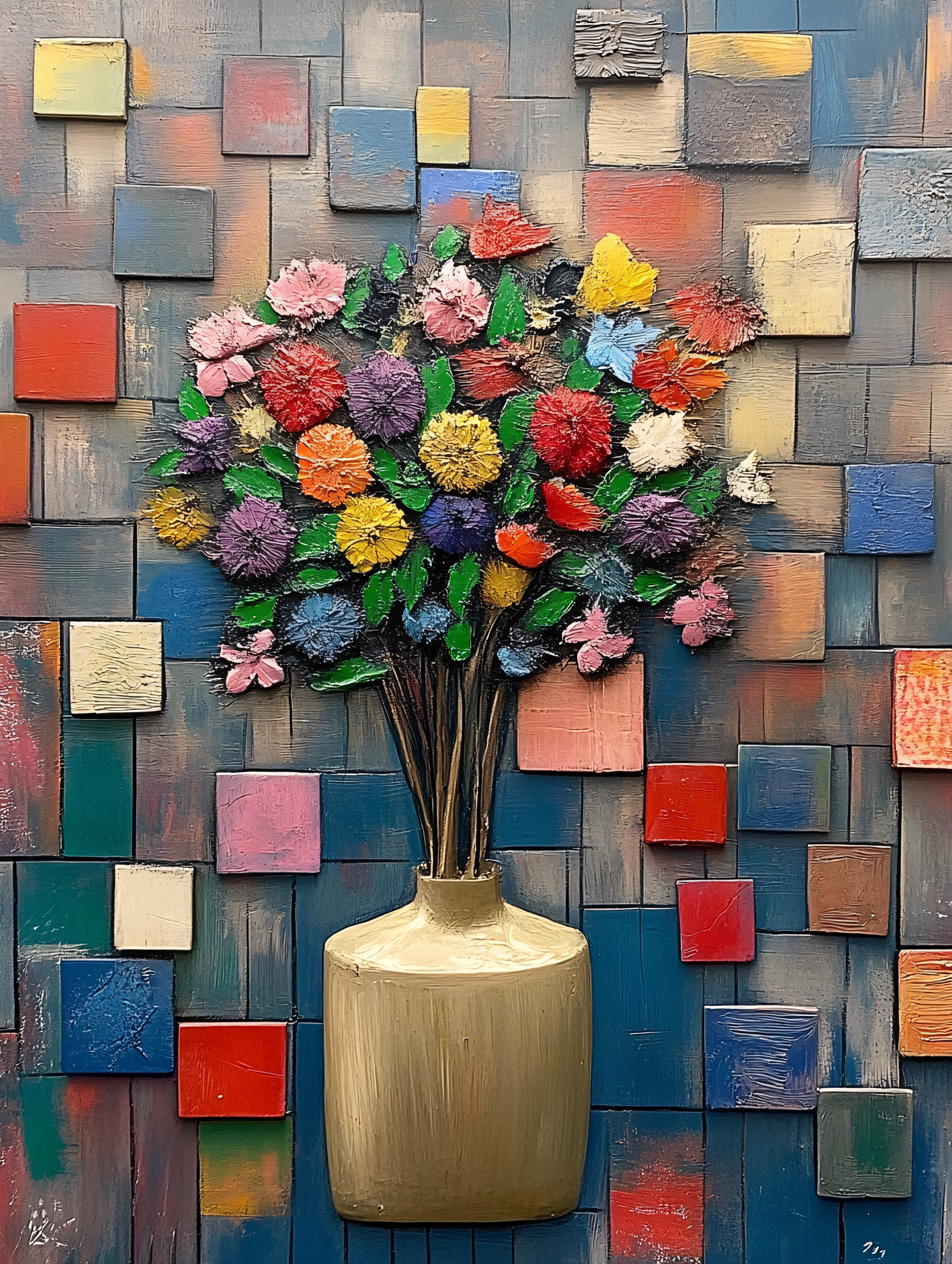 Bouquet Of Vibrant Flowers In Vase On Textured Background