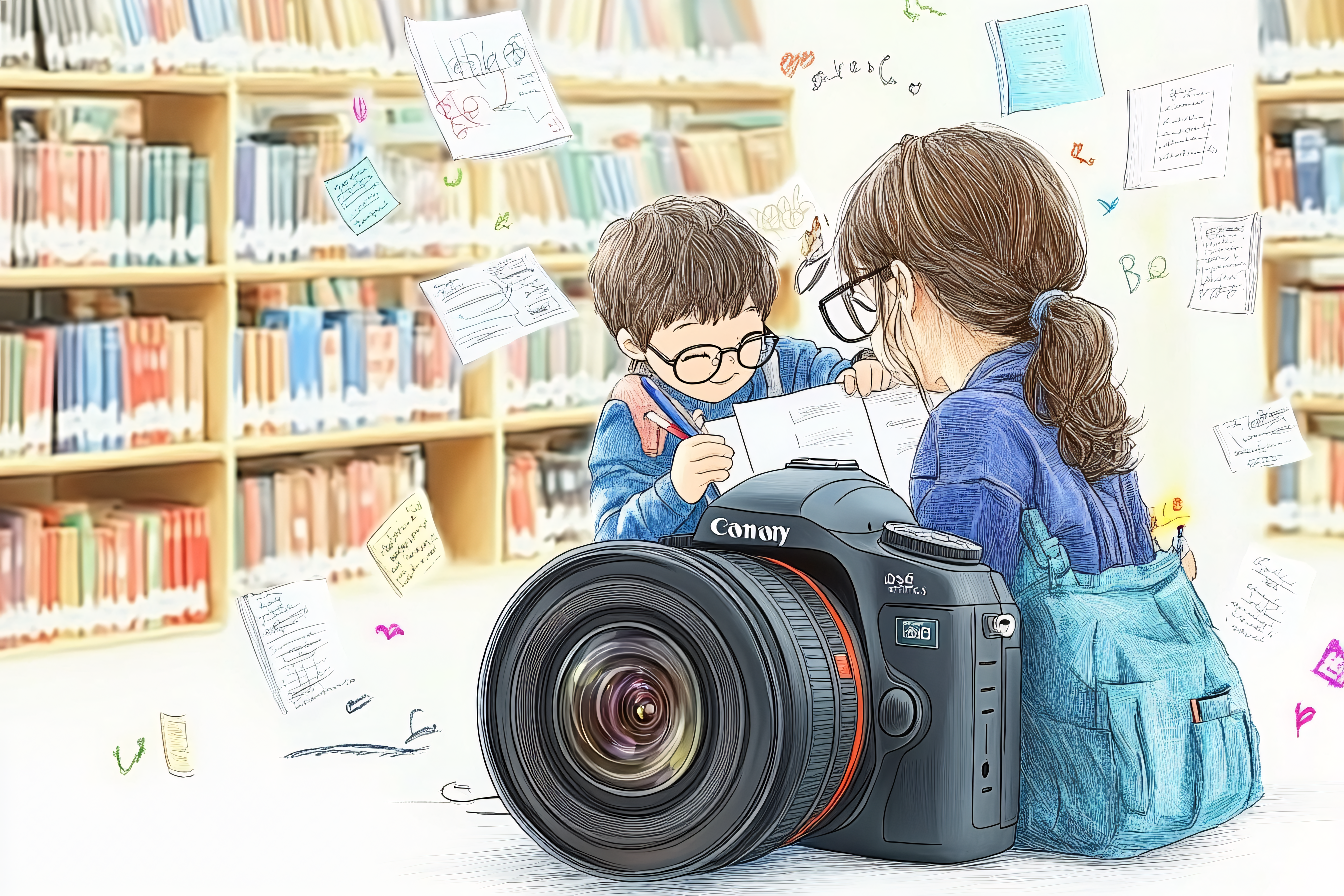 Boy and Woman Studying with a Camera