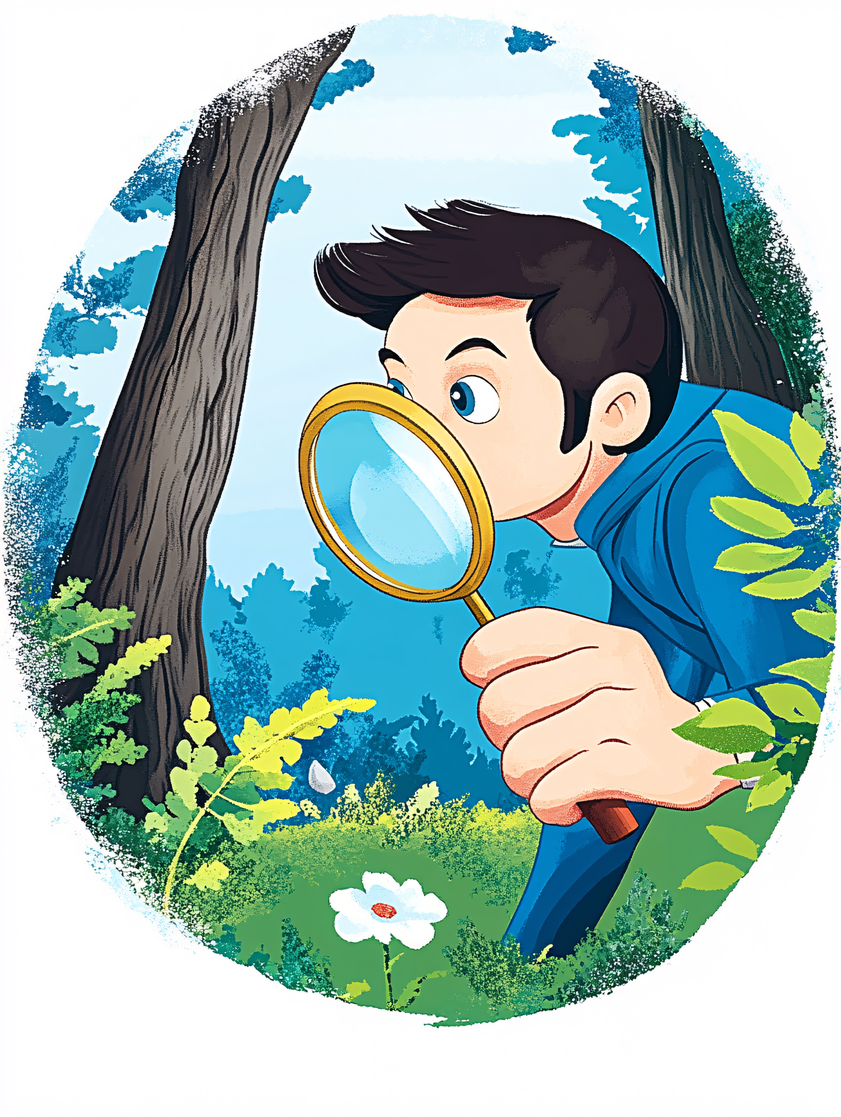 Boy Exploring Nature with Magnifying Glass