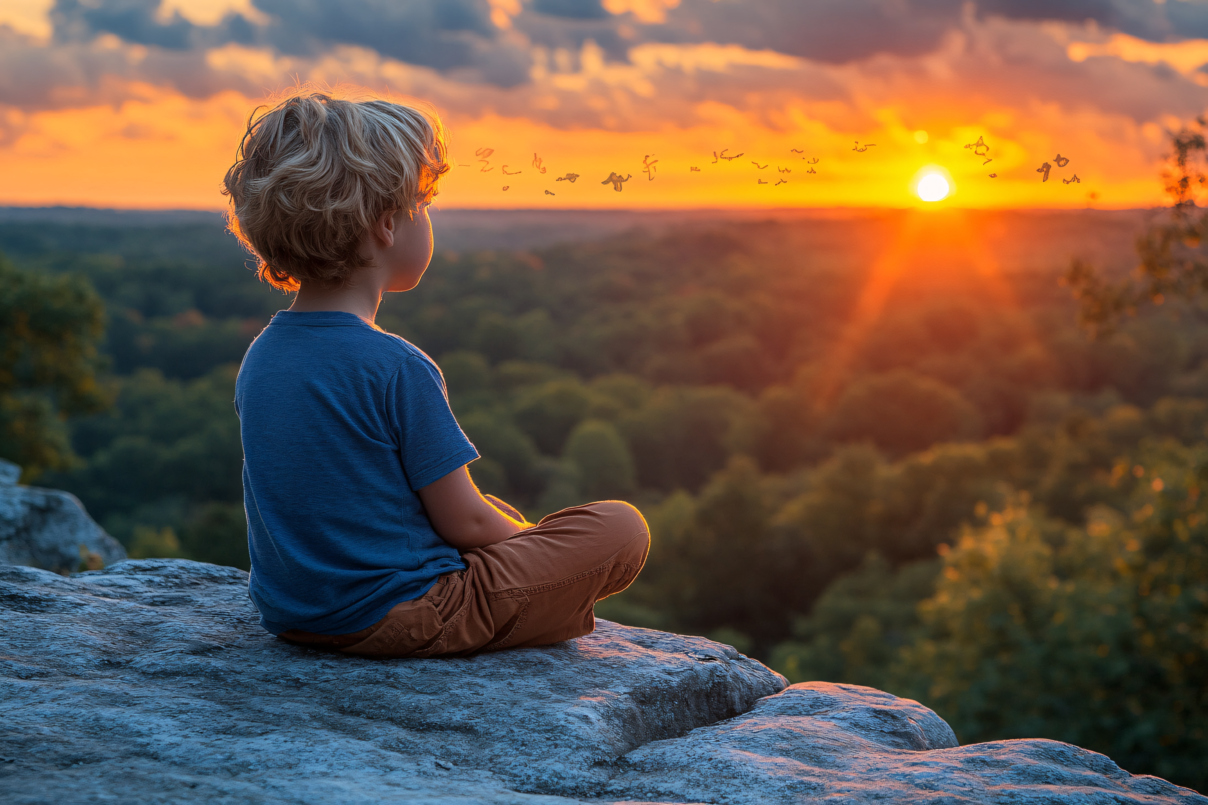 Boy Meditating on a Rock at Sunset