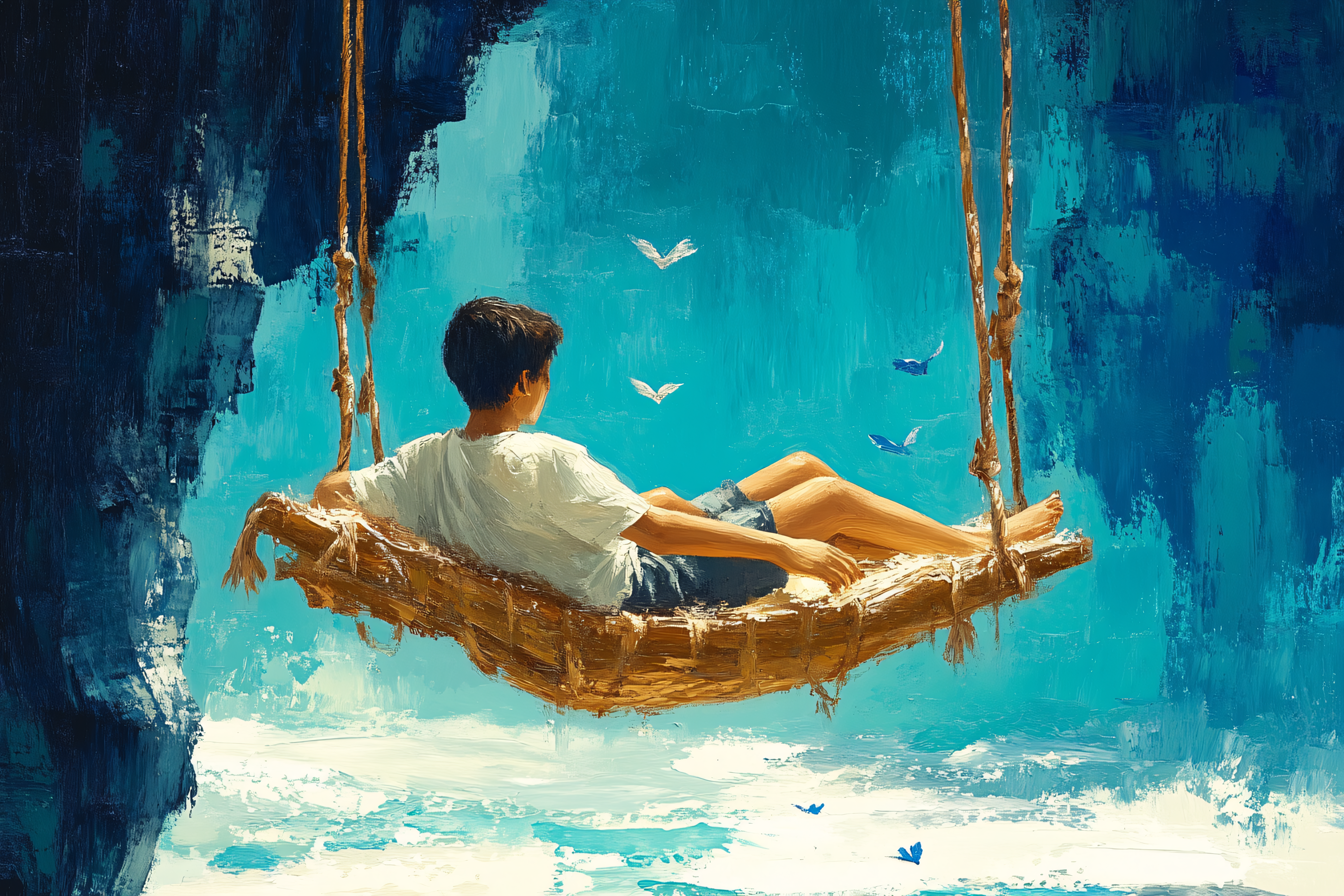 Boy On Swing Overlooking Sea