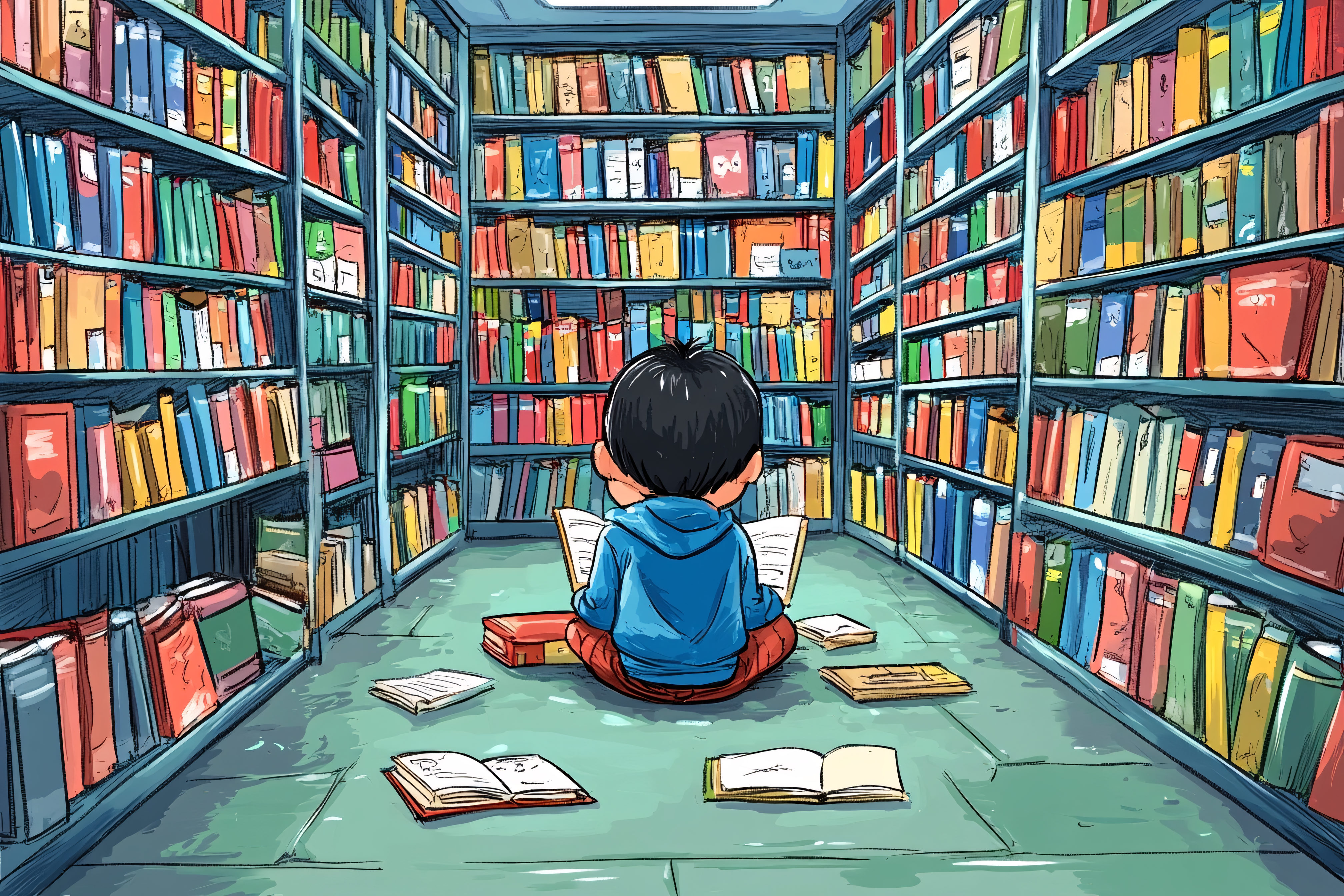 Boy Reading in Library