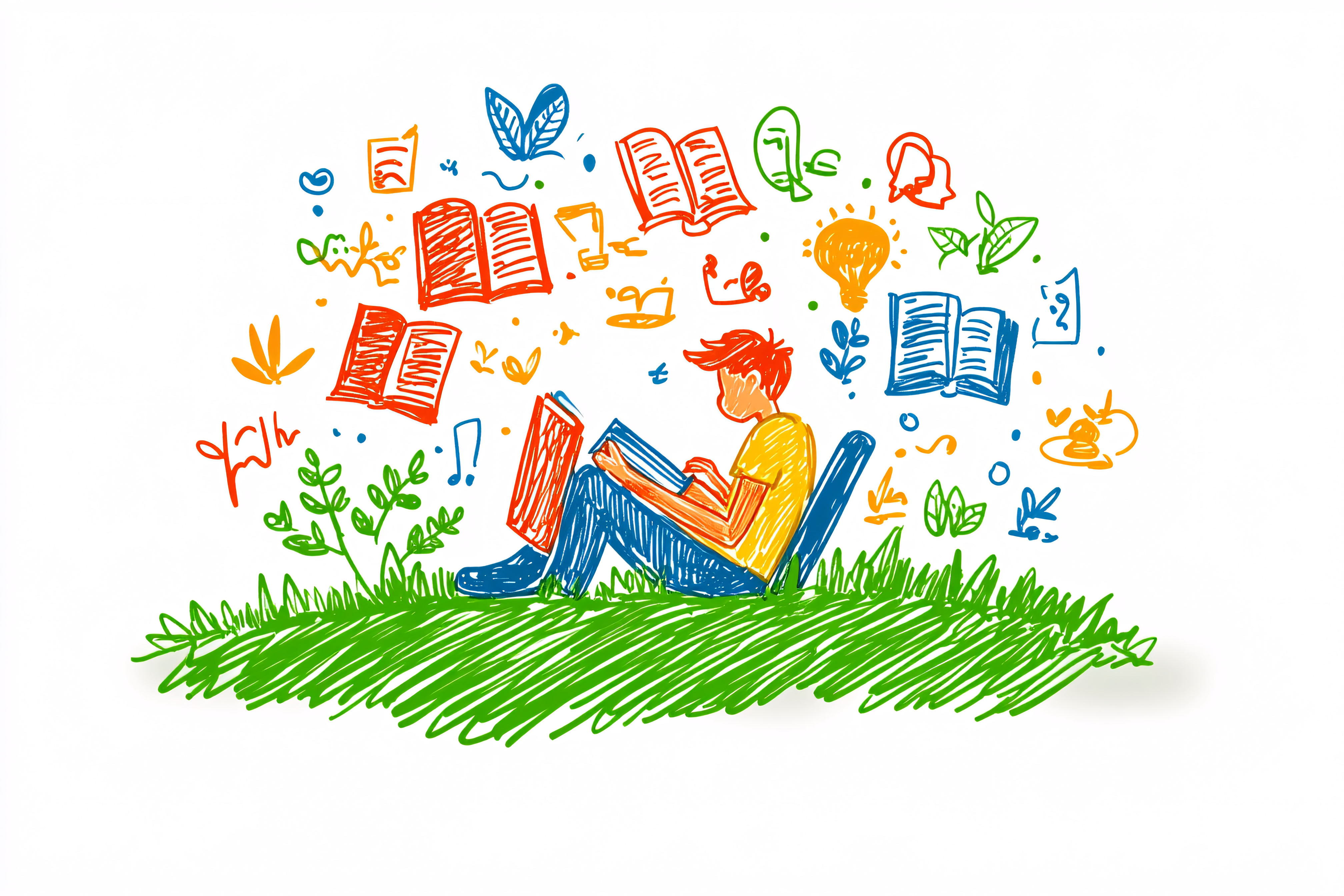 Boy Reading in Nature with Books and Ideas